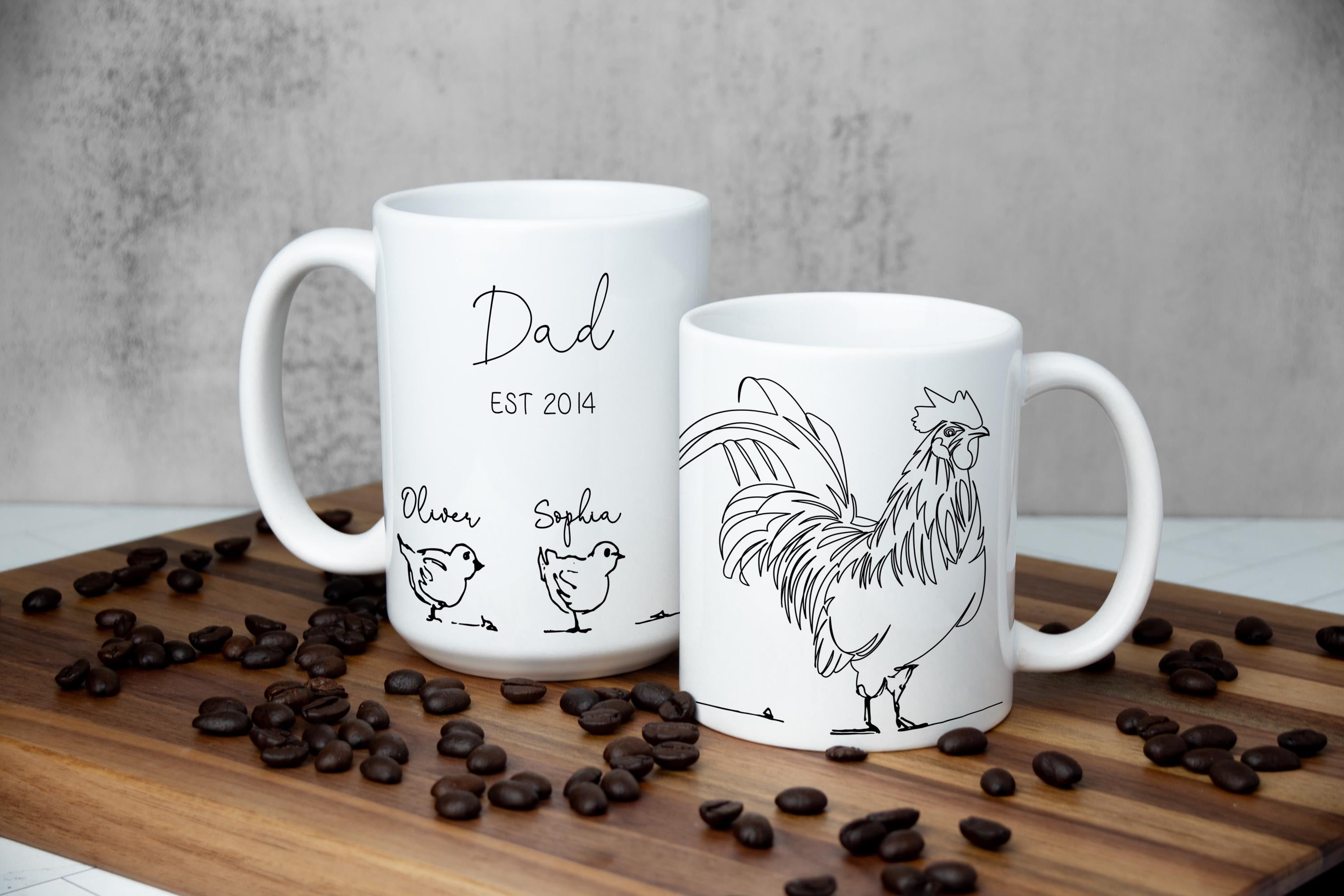 Dad and kids Rooster Mug, Special Father's Day gift with giftbox included, Perfect Personalized Gift for him, Line Art Chicken Grandpa Mug