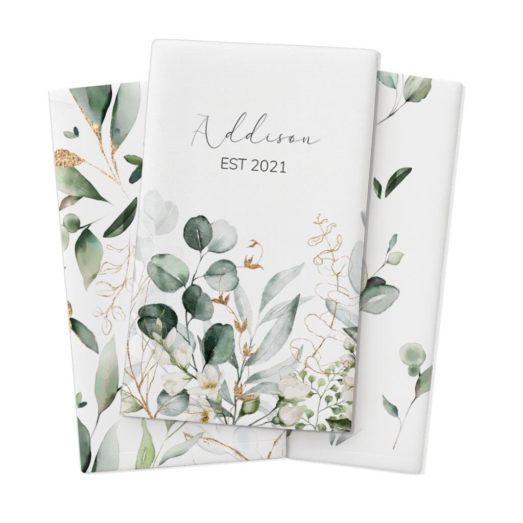 Personalized Botanical Tea Towel Set: Custom Name & Year, Greenery Kitchen Decor