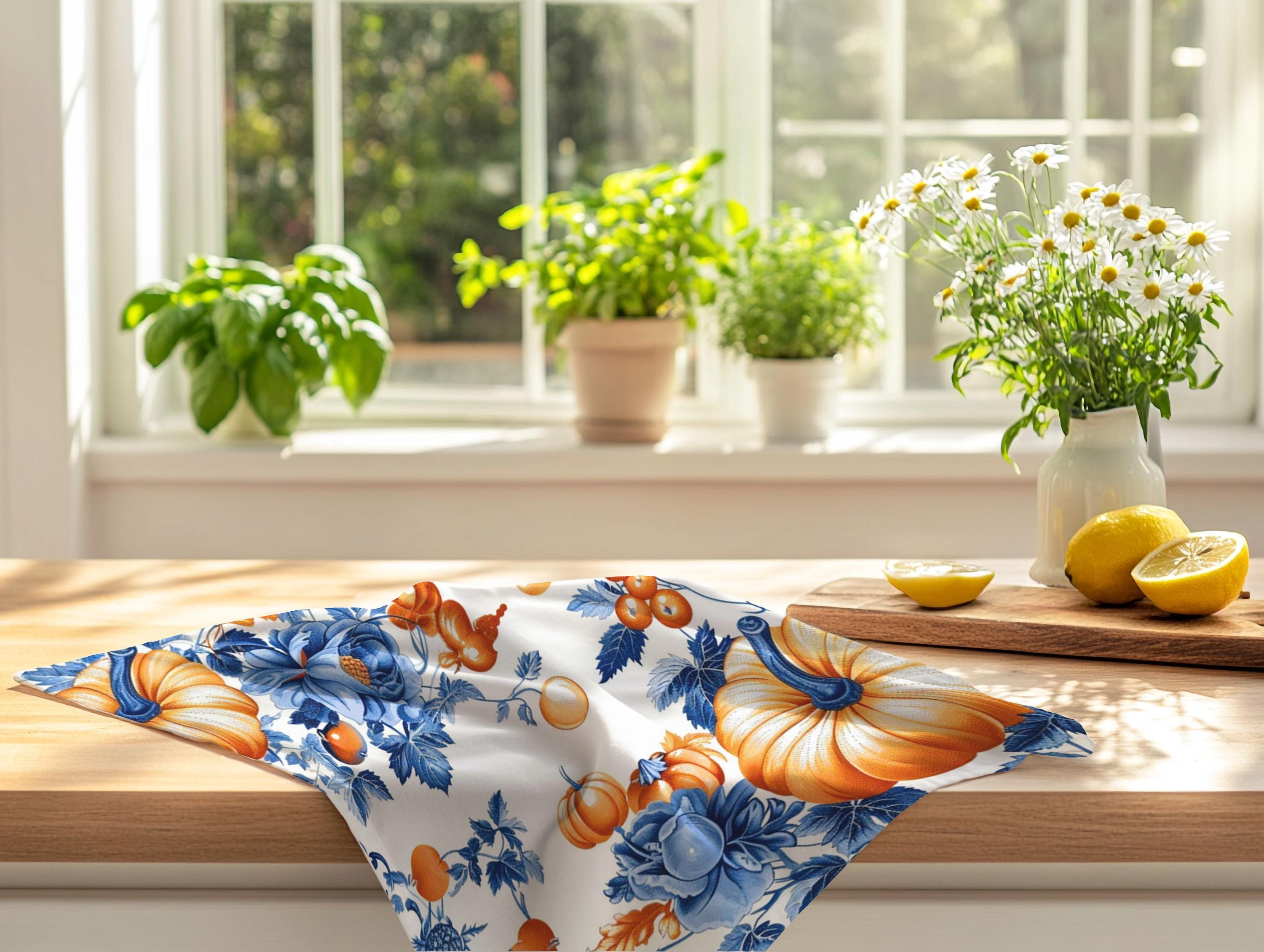 Personalized Toile Pumpkin Tea Towel Set - Blue & Orange Farmhouse Fall Decor