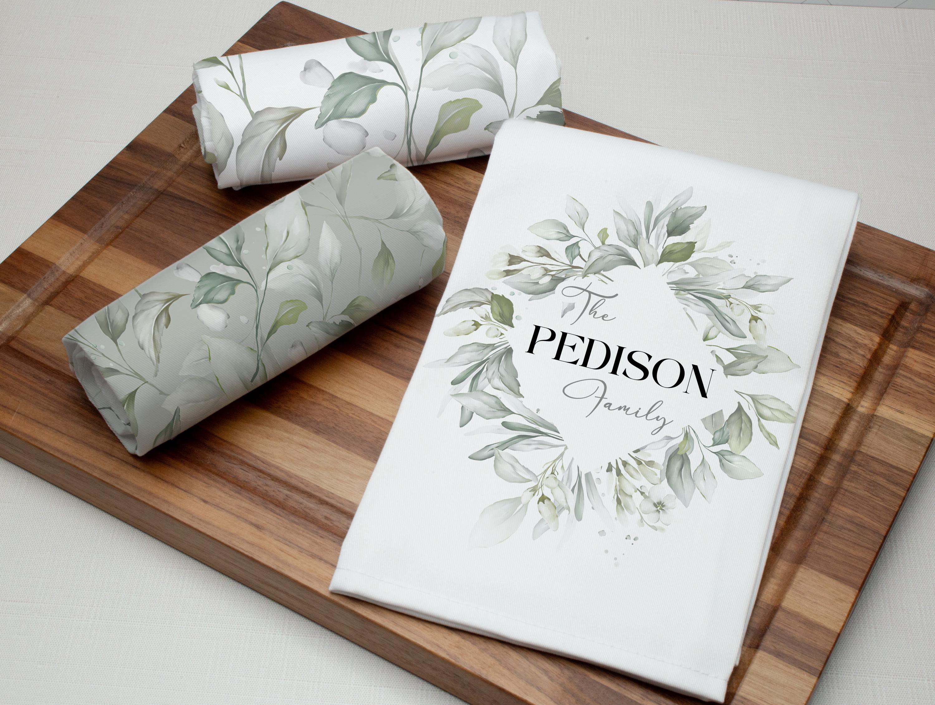 Personalized Botanical Tea Towel Set: Soft Greenery Kitchen Decor, Farmhouse style Gift