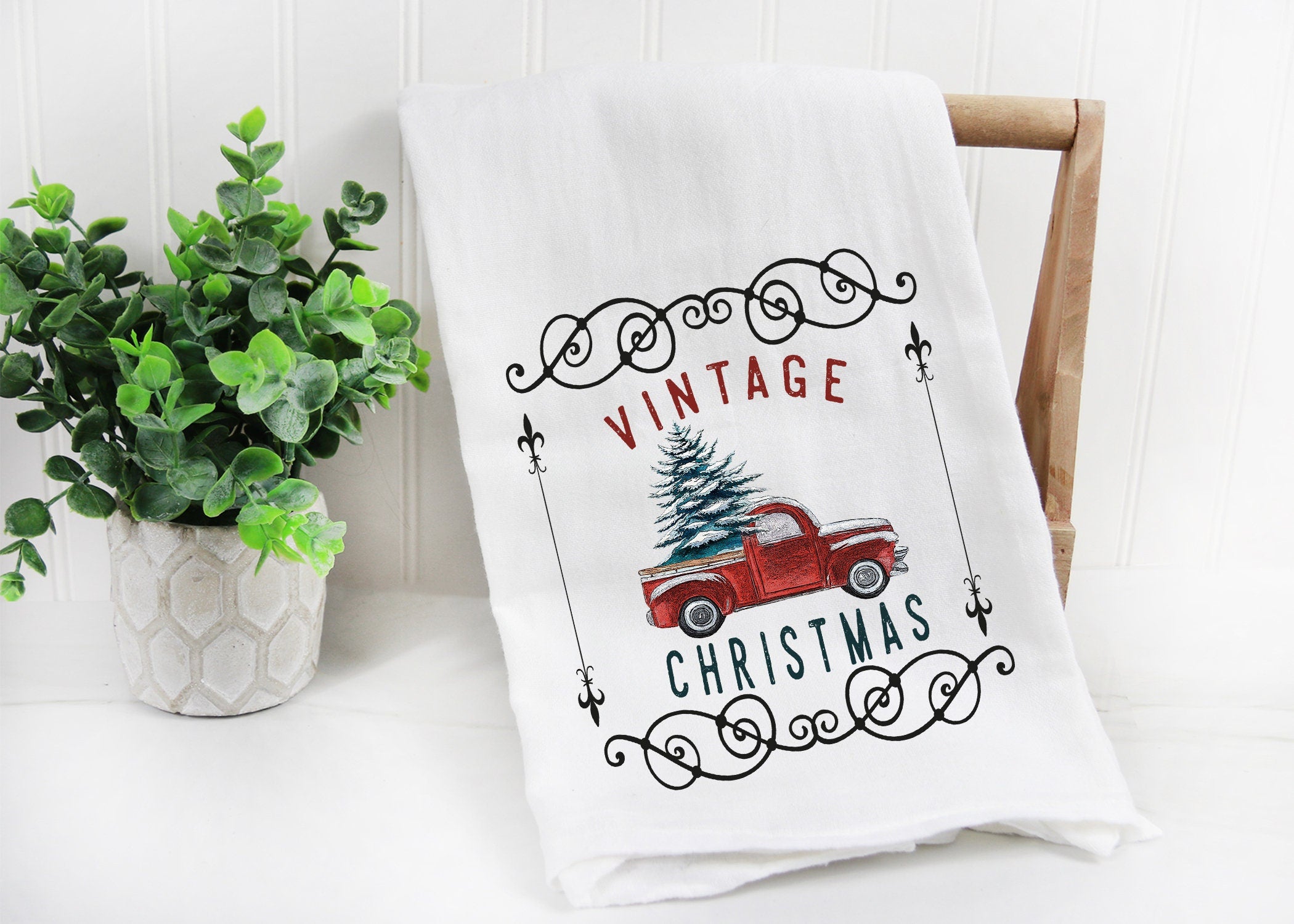 Tea Towel Vintage Christmas Truck Christmas Tree Kitchen Towel, Funny Kitchen Towel, Dish Towels, Hanging Kitchen Towels, Hand Towel