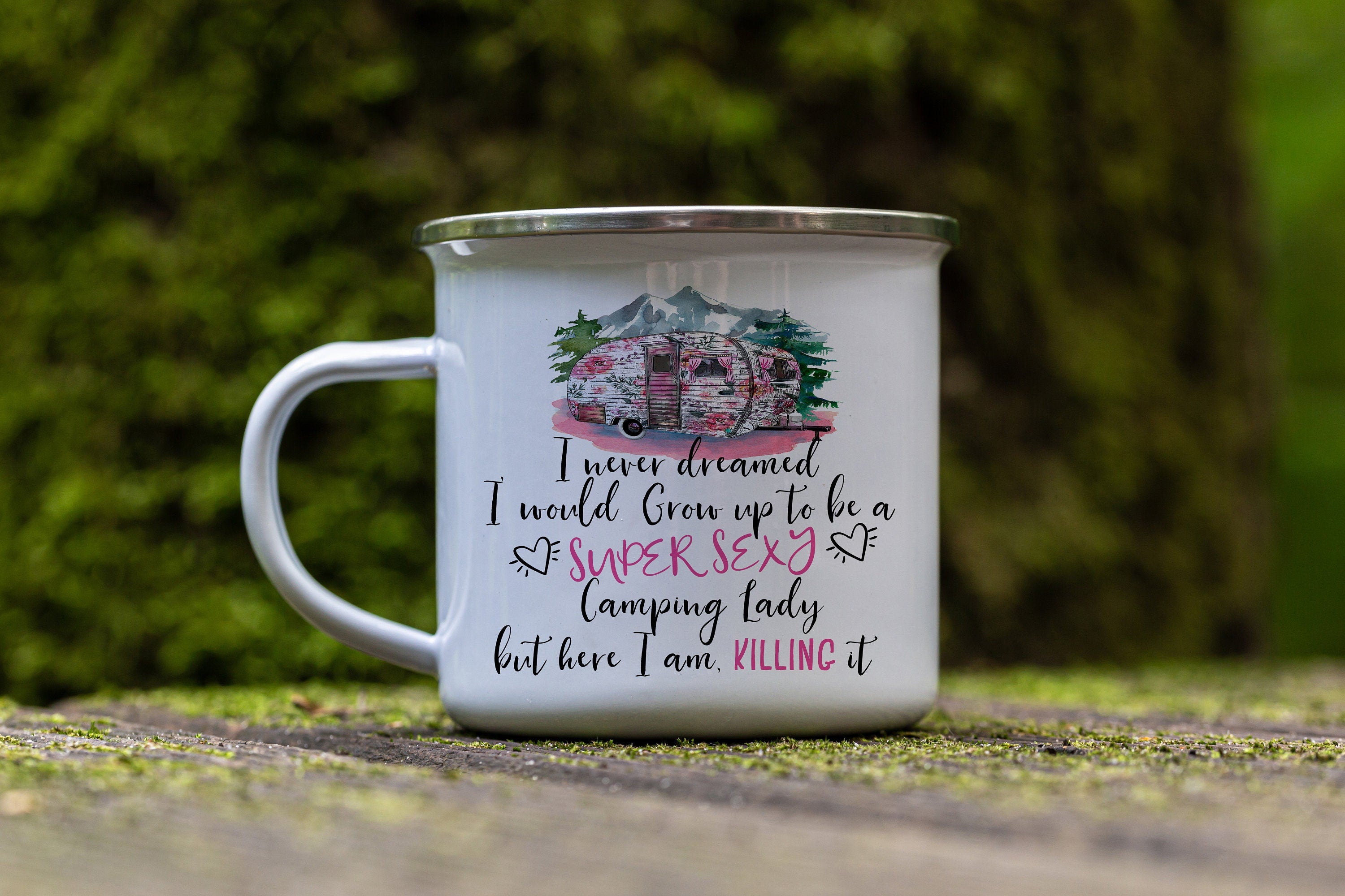 12oz/18oz Sexy Glamping Camp mug for women, Caravan Enamel Mug, Large Travel mug, Party favor gift idea, Coffee Gift Mug for Outdoor Friend