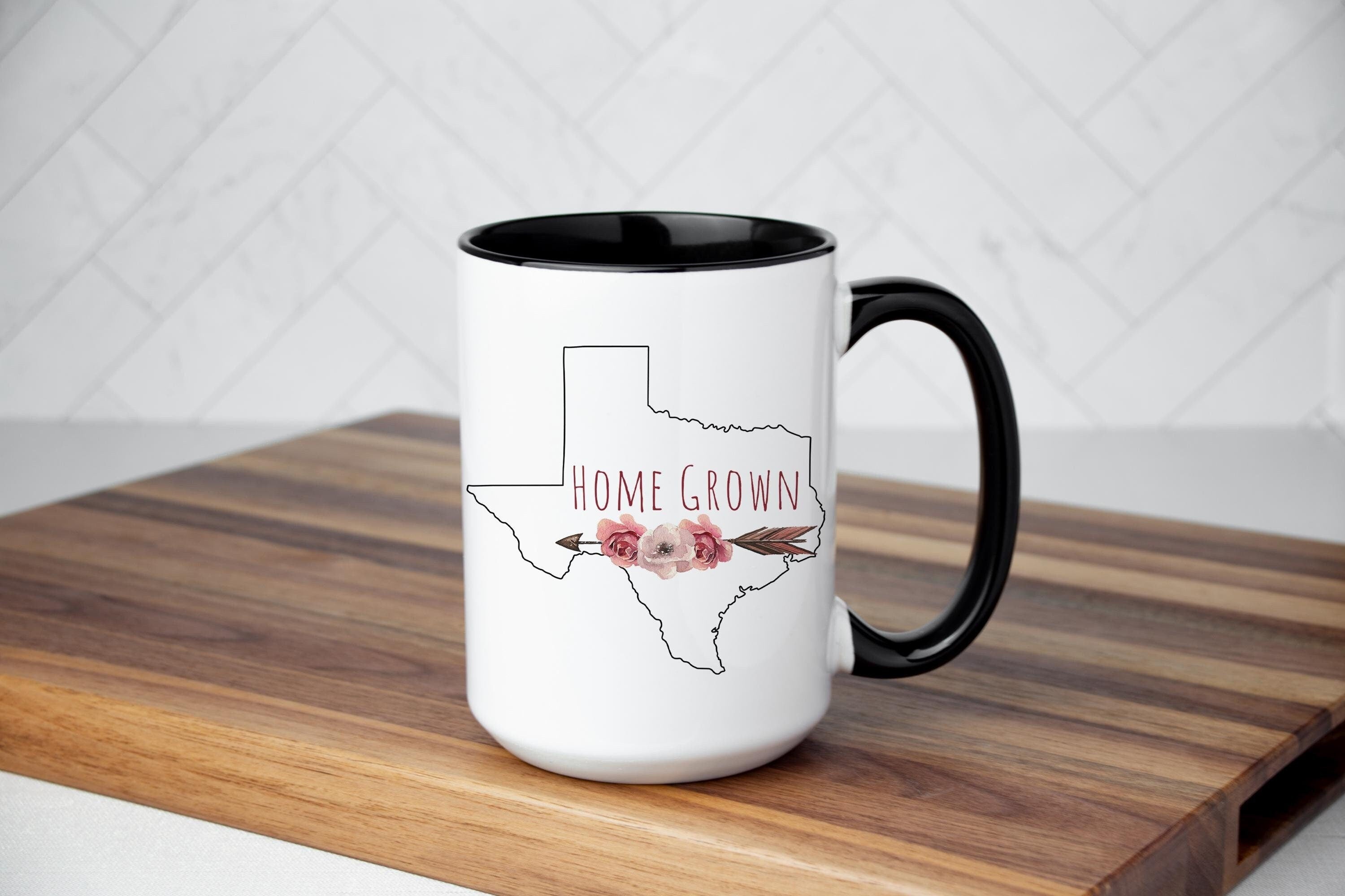 Texas State Home Grown floral Coffee mug for women, custom gift for her, gift for mom/daughter, 11oz and 15oz in White and w/Black Accent
