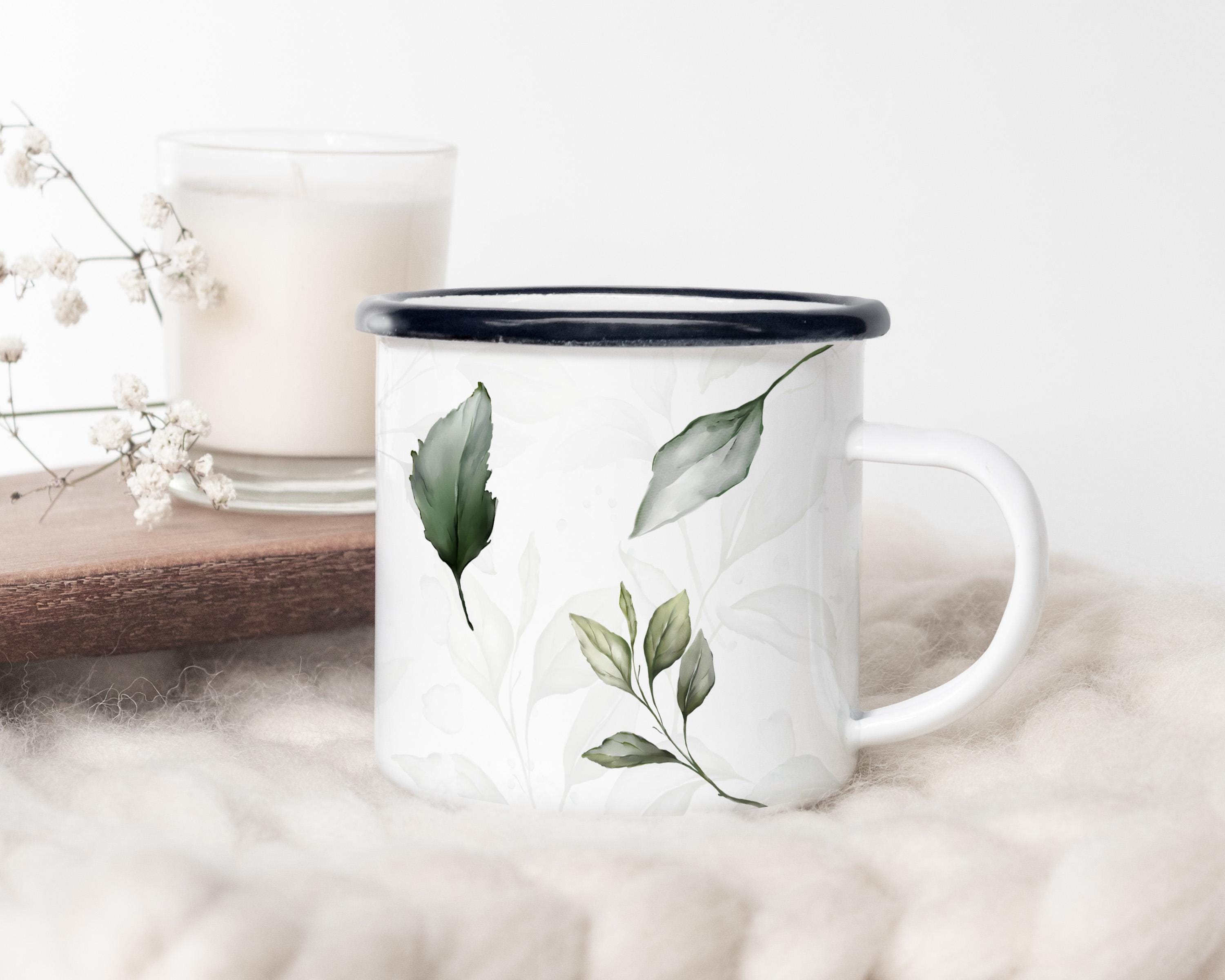 Personalized Enamel Camp Mug: Rustic Leaf Design, Nature Lover Gift