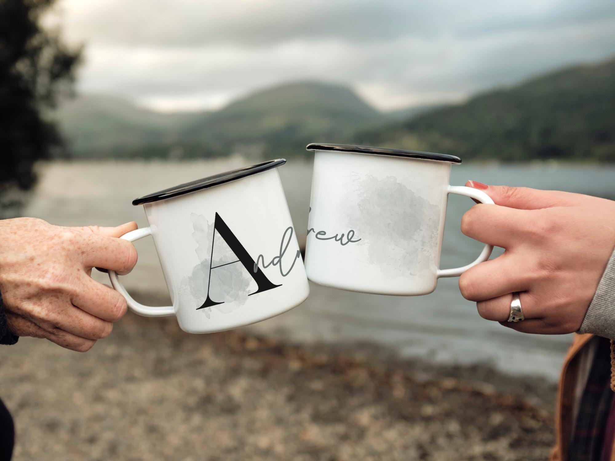 Personalized Enamel Camp Mug: Green Hues Monogram, Multiple Sizes & Colors Available (Gift Box Included)