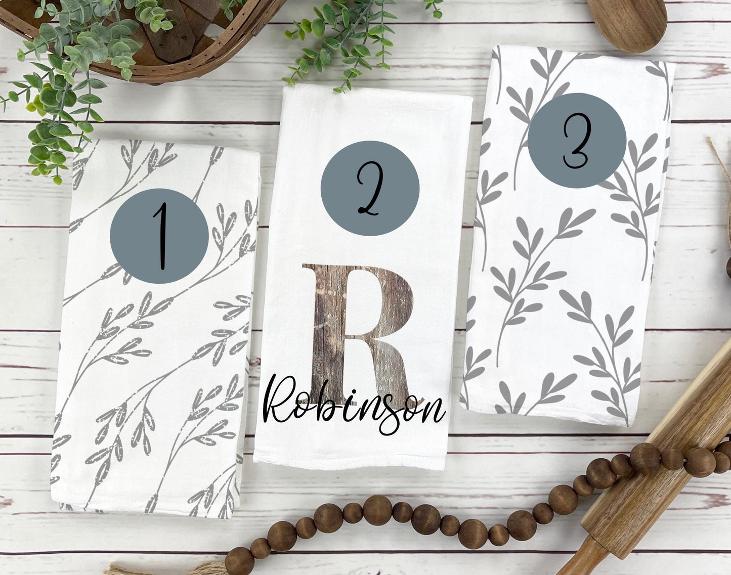 Personalized Farmhouse Tea Towel Set: Custom Monogram Kitchen Towels with Complementary Patterns, Rustic Kitchen Decor Gift