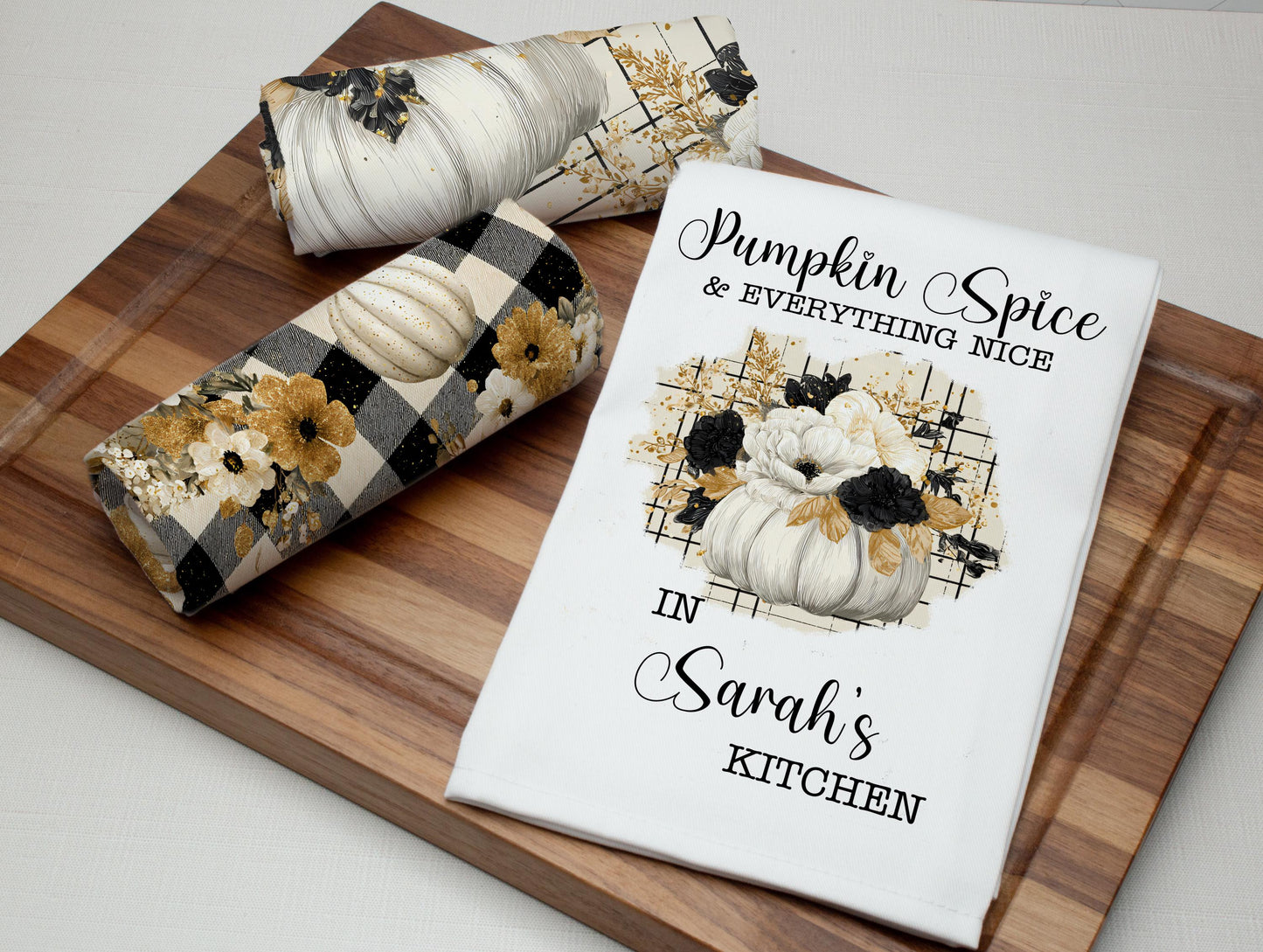 Pumpkin Spice Tea Towel Set – Personalized Fall Kitchen Towels with Custom Name, Rustic Farmhouse Pumpkin Decor, Autumn Hostess Gift