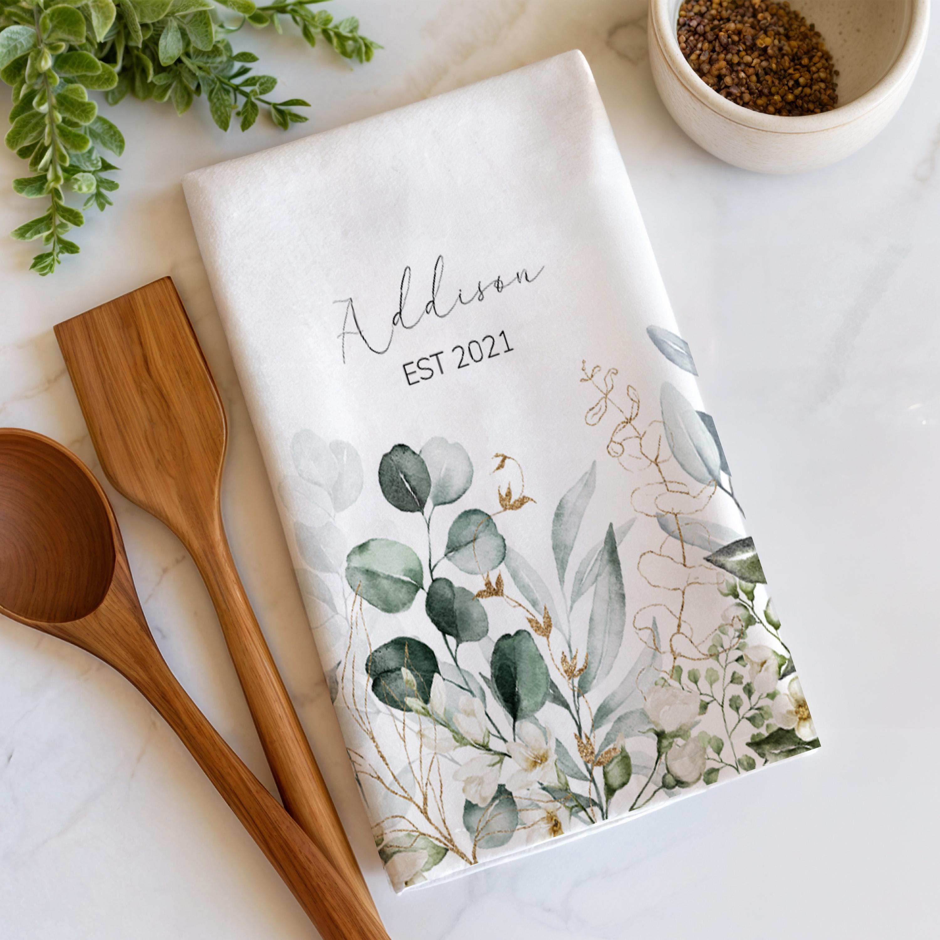 Personalized Botanical Tea Towel Set: Custom Name & Year, Greenery Kitchen Decor