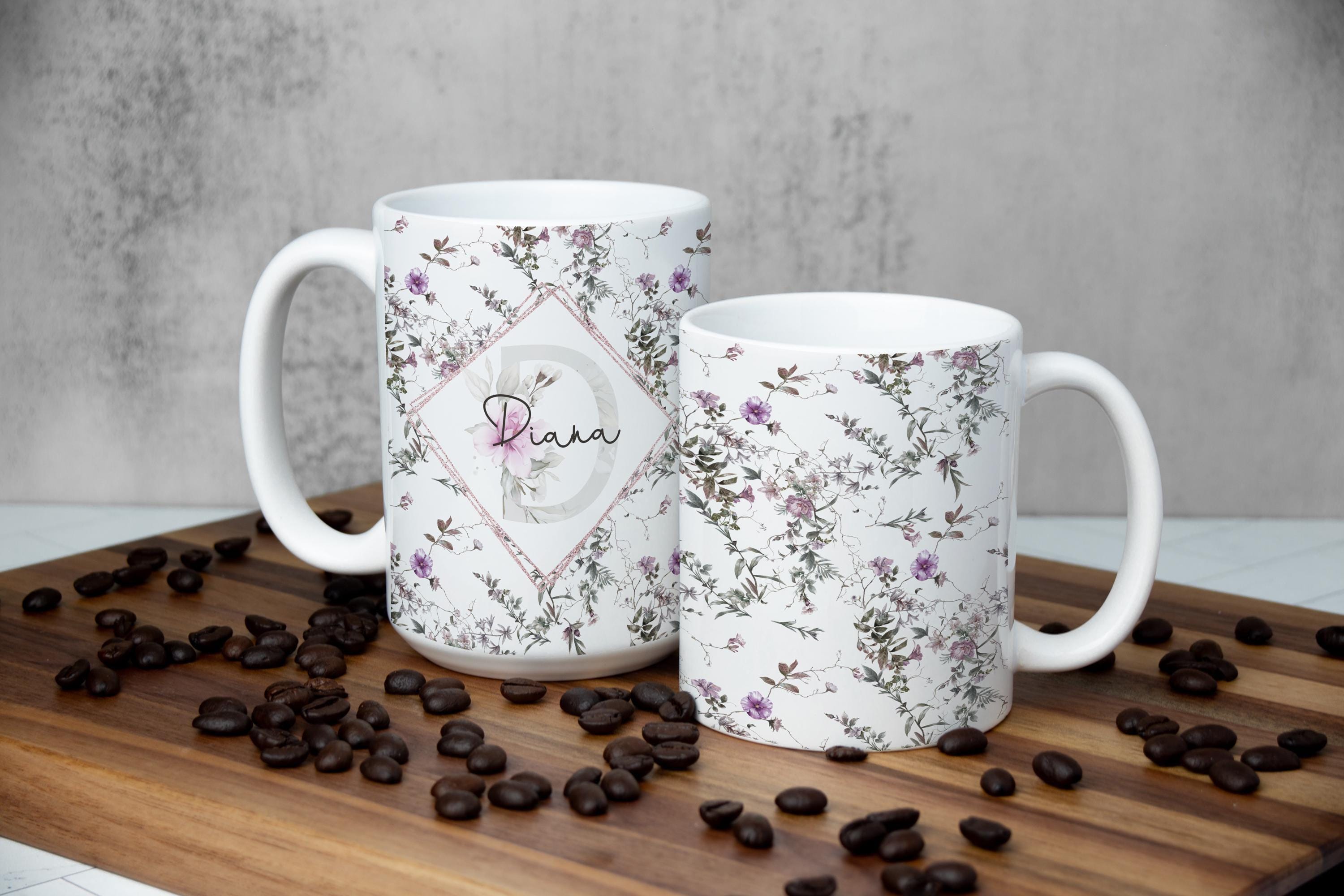 Floral Print Mug for Women, GiftBox included, Pink/Purple Floral Drinkware, Options for Monogram/Initial & Custom Name, Perfect Gift for Her