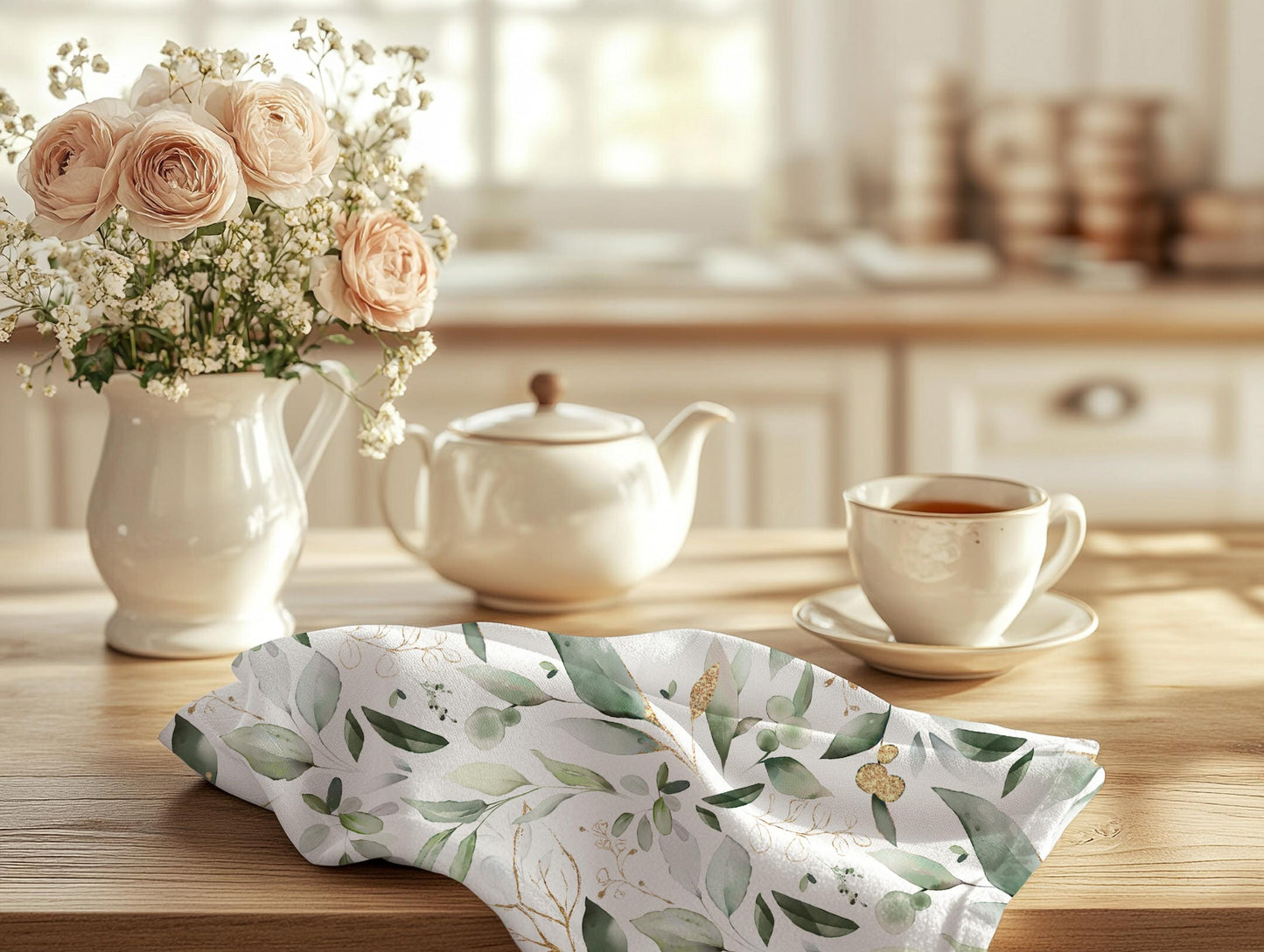 Personalized Botanical Tea Towel Set: Custom Name & Year, Greenery Kitchen Decor