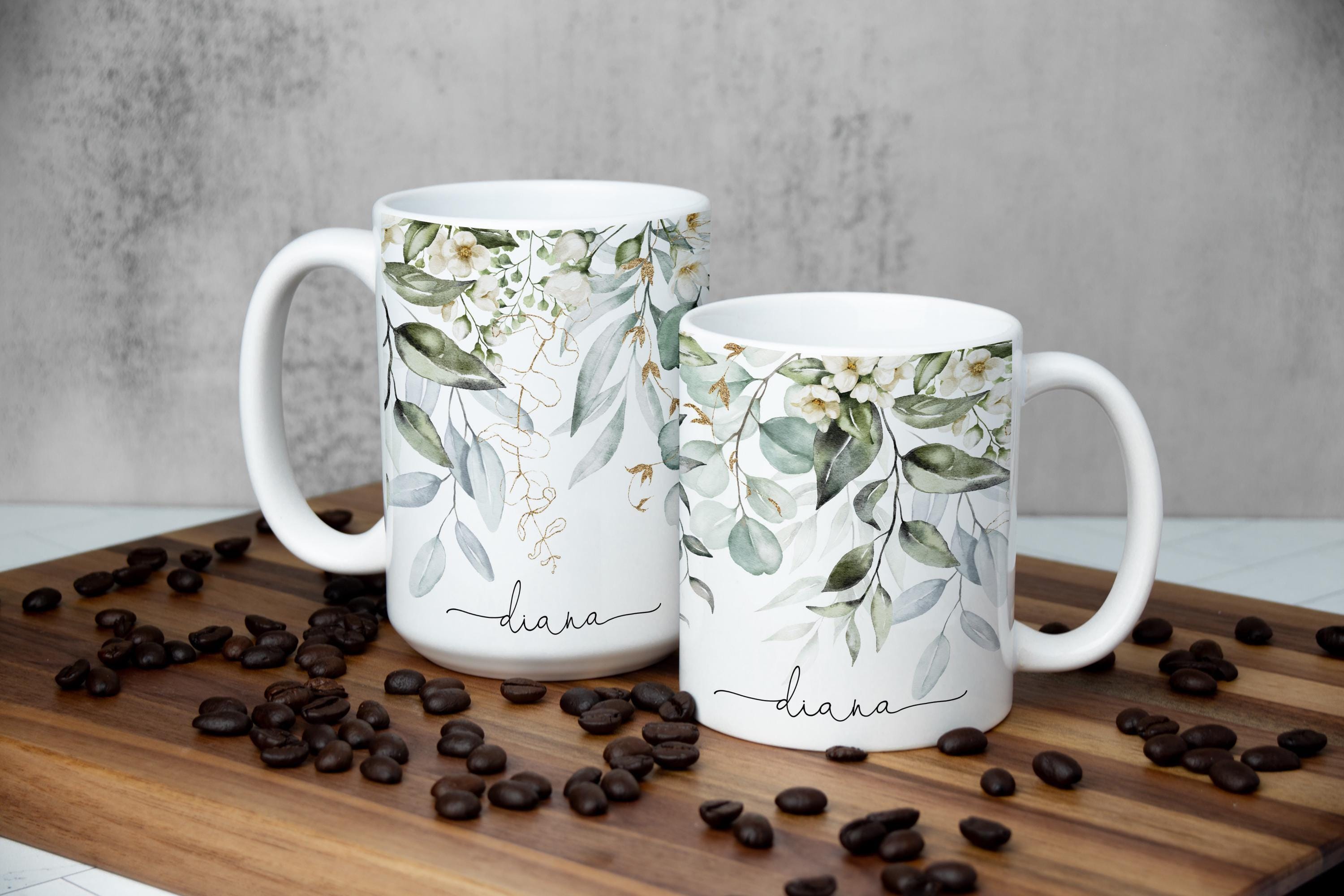Personalized Greenery Mug: Elegant Nature-Inspired Coffee Cup, Multiple Sizes & Colors Available (Gift Box Included)