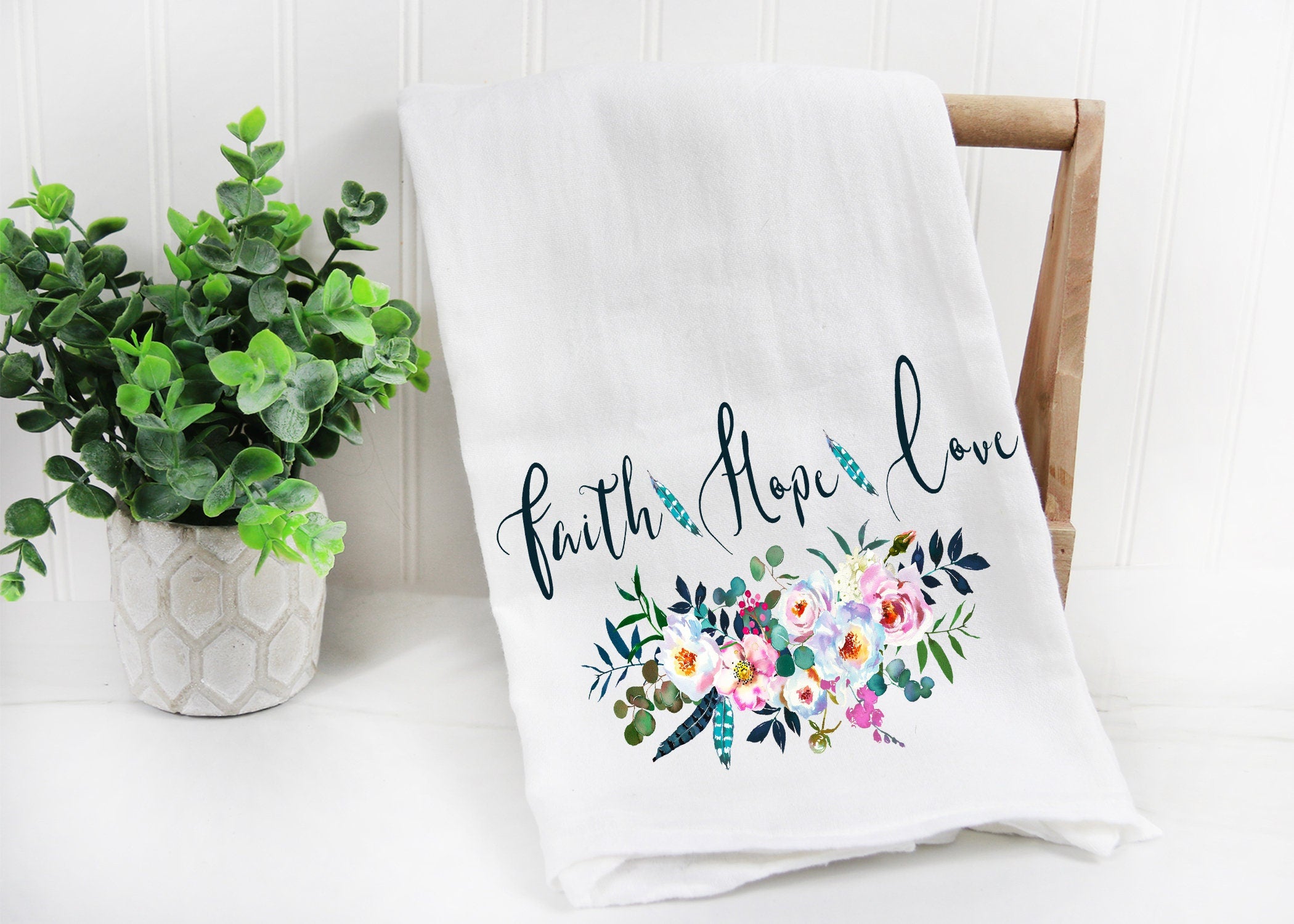 Faith Hope Love Kitchen Tea Towel, Inspirational Tea Towel, Uplifting Kitchen Decor, Faith-Based Gift for Home, Motivational Cooking Towel