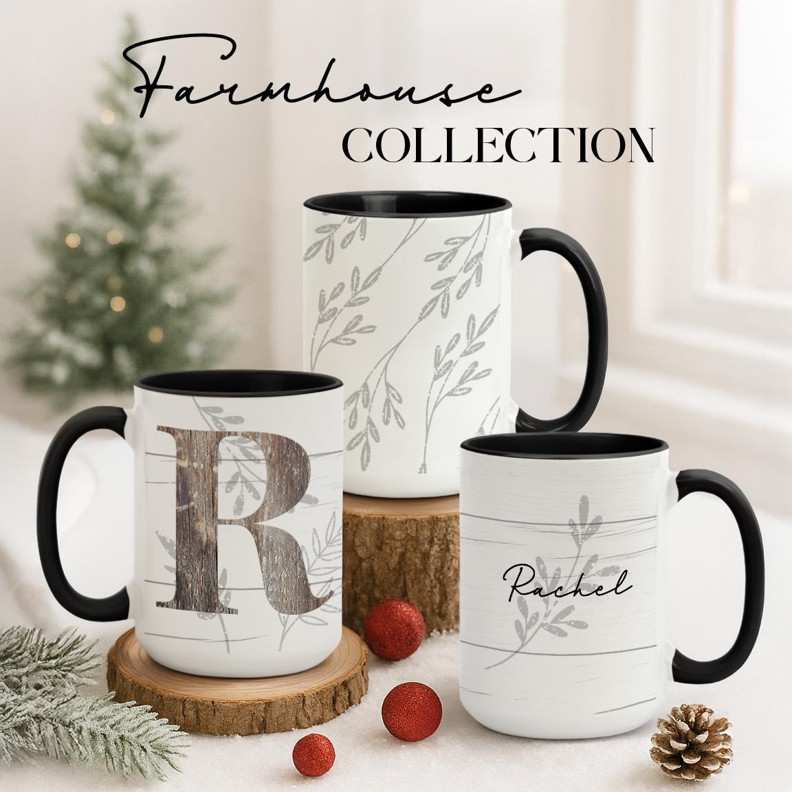 Personalized Farmhouse Mug Collection: Rustic Monogram Coffee Cup Gift, Multiple Sizes & Colors Available