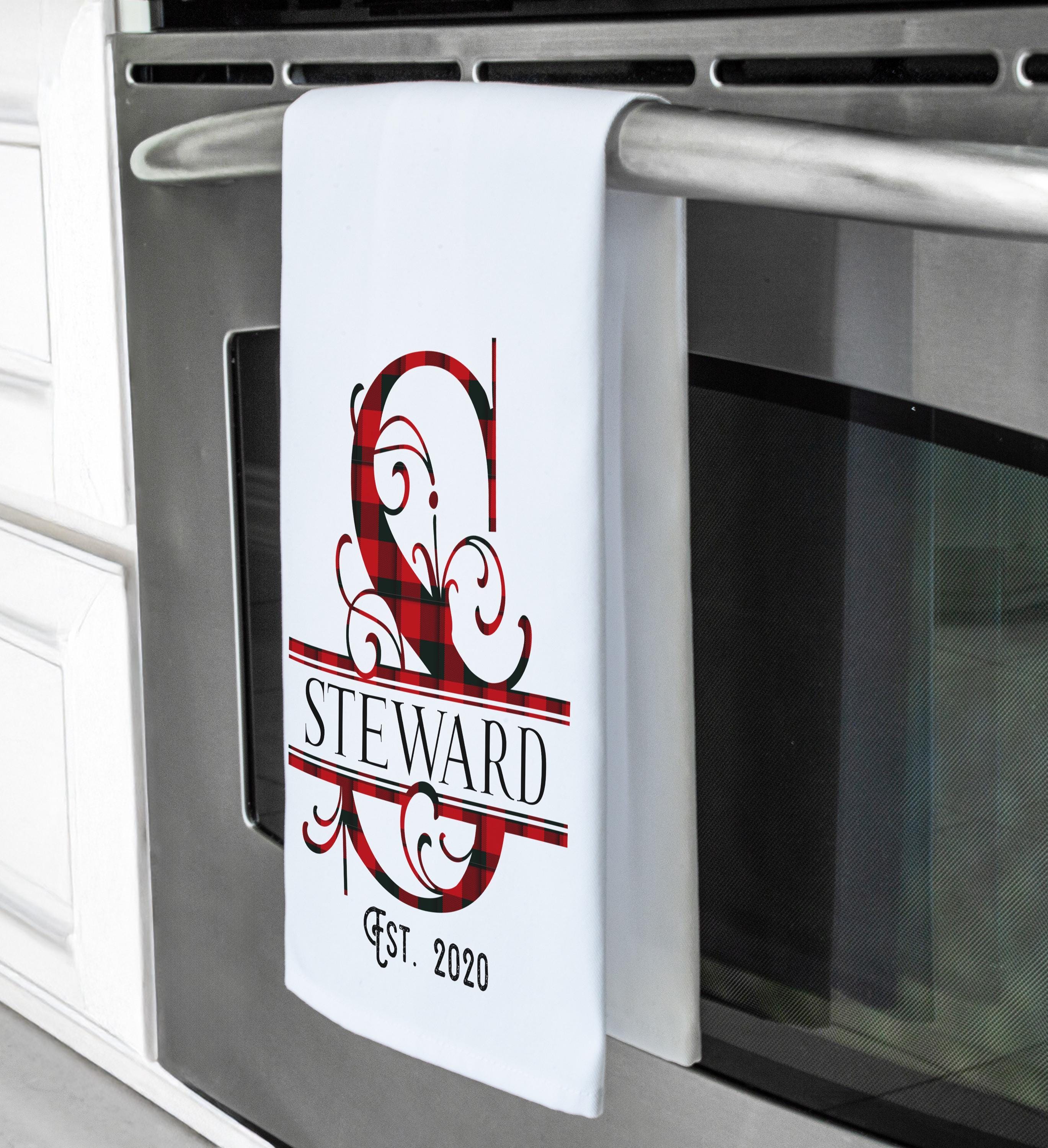 Personalized Christmas Tea Towel, Buffalo Plaid Kitchen Towel, Monogram Custom Tea Towel, Last Name Tea Towel, Kitchen Dish Towels