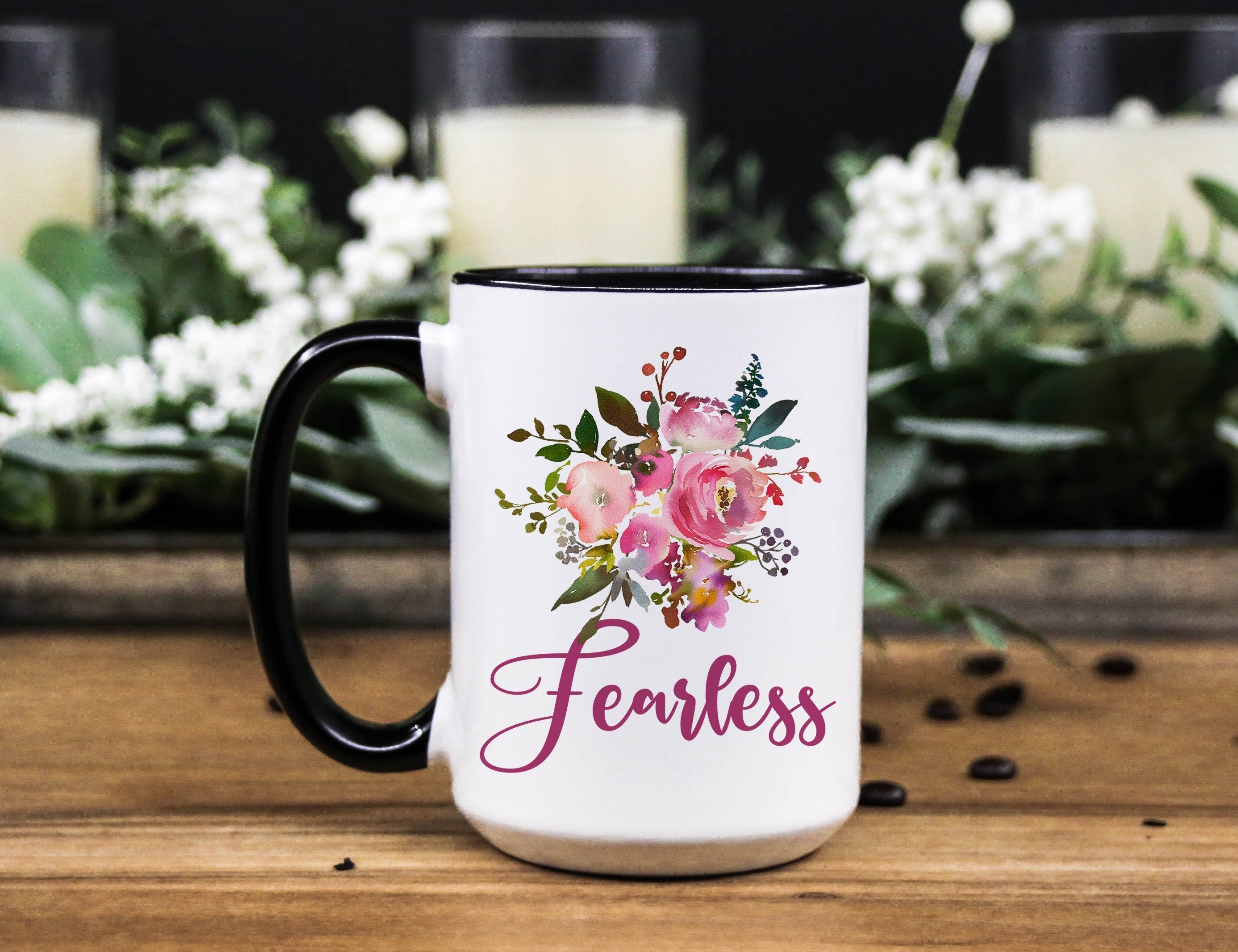 Fearless Floral Coffee Mug: Inspirational Religious Gift, Multiple Sizes & Colors Available (Gift Box Included)