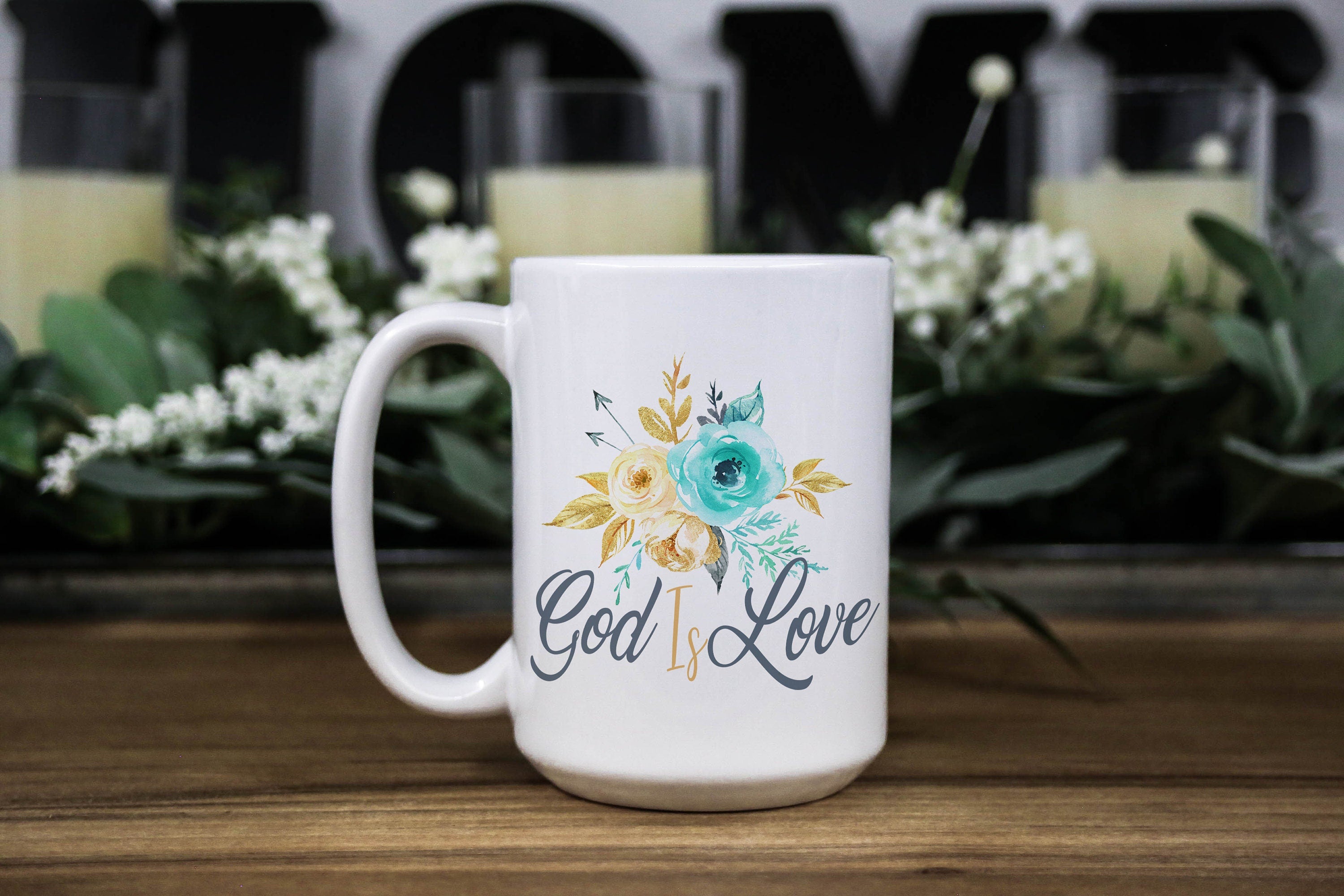 God is Love Floral Coffee Mug: Inspirational Bible Quote Gift, Multiple Sizes & Colors Available