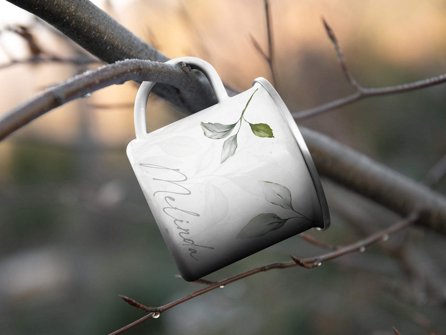 12oz/18oz Rustic Personalized Enamel Camp Cup with Leaf Motif, Nature Lover Gift, Outdoor Adventure Gear for her/him in silver & black rim