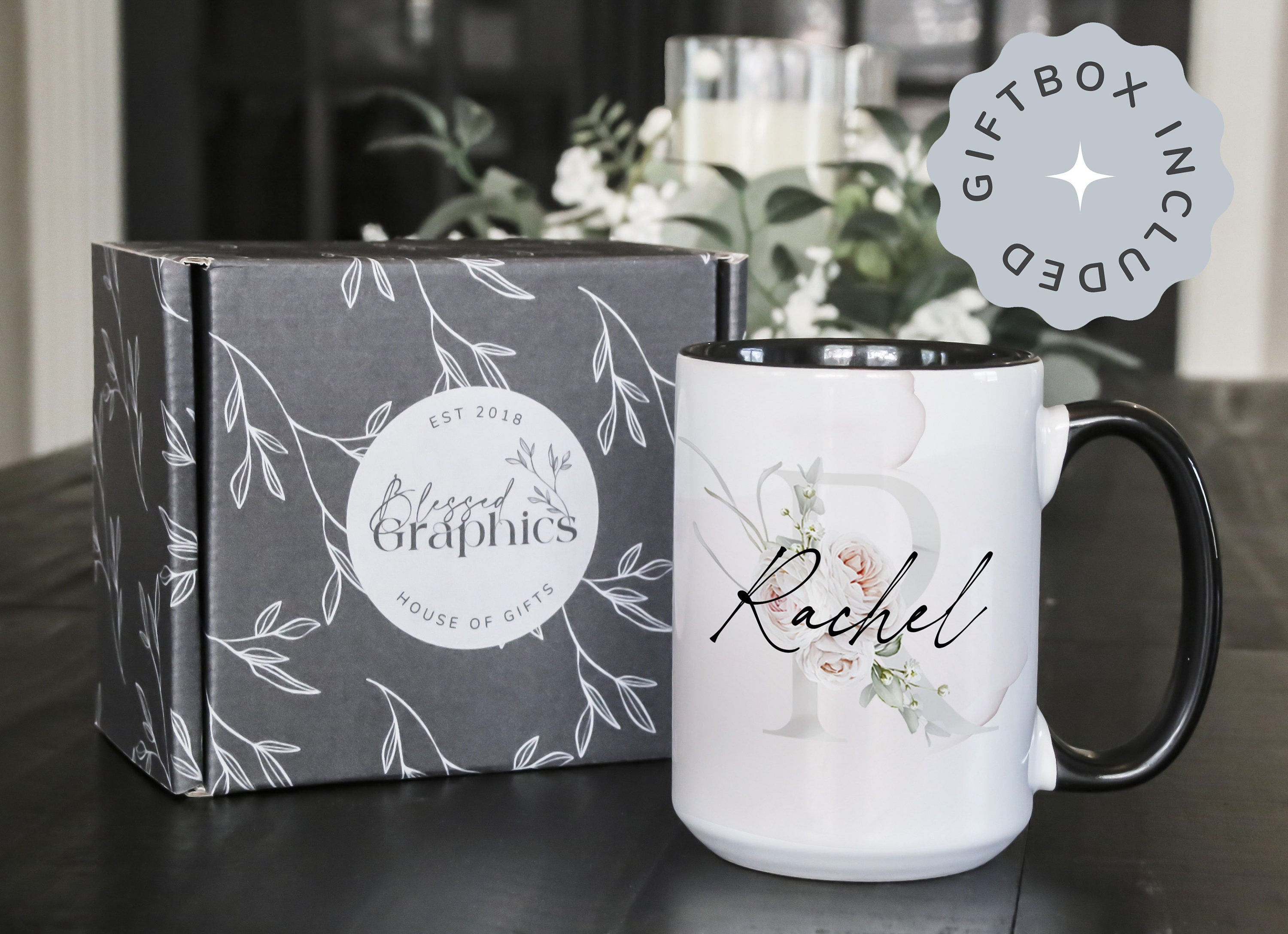 Personalized Floral Monogram Coffee Mug - Custom Name Ceramic Mug, Multiple Sizes & Colors Available