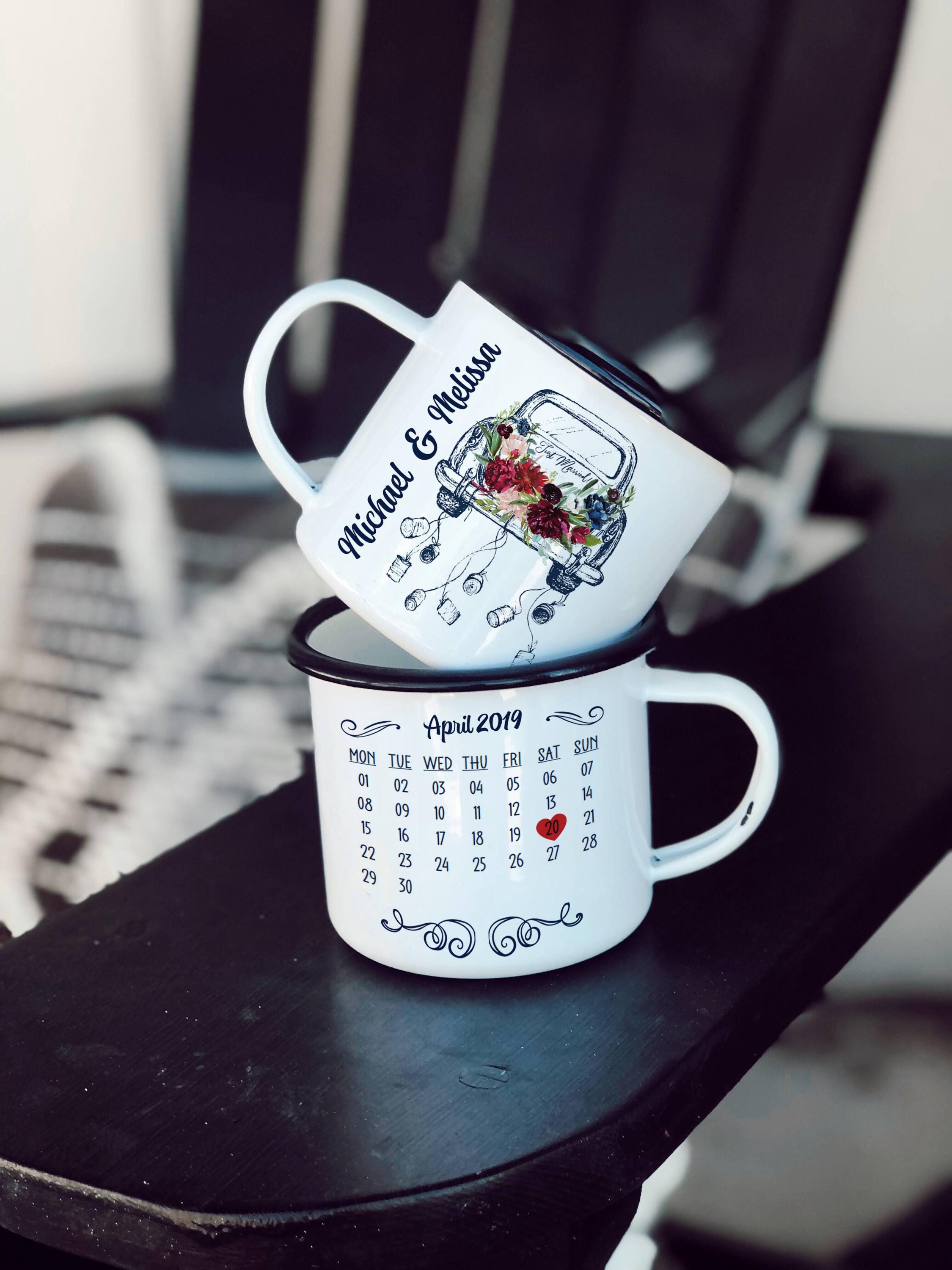 12oz/18oz Custom Anniversary Camping Mug for newlyweds/married couples, Custom Calendar Date & Names, Personalized Valentine's Day Gift