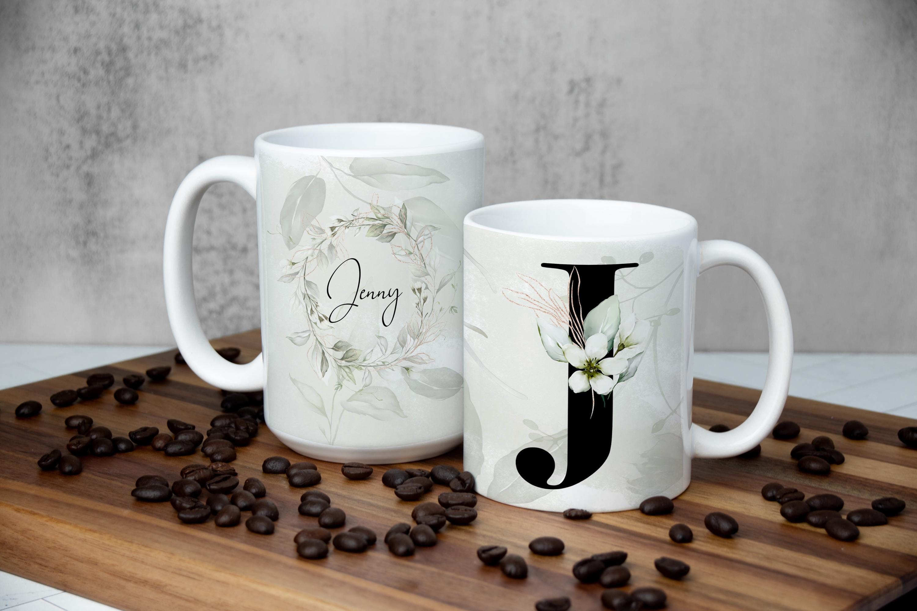 Personalized Floral Monogram Mug: Soft Green Leaf Design
