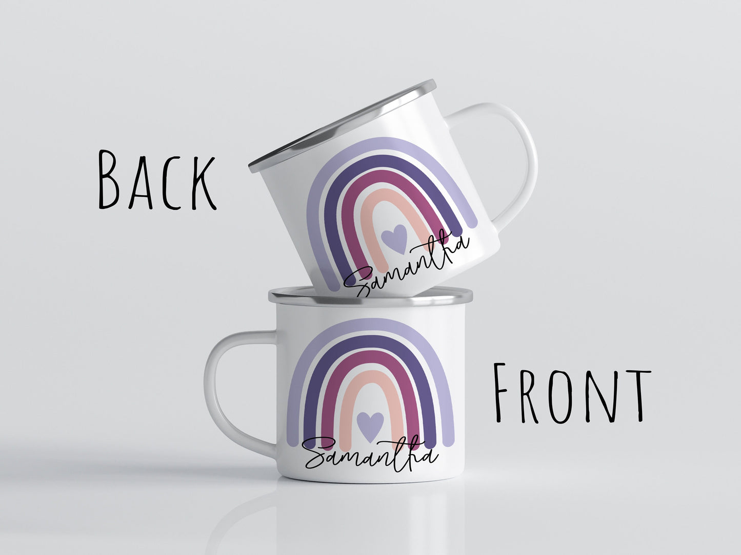 12oz/18oz Personalized Rainbow Camp mug, Custom Purple Enamel Mug, Children's Name Mug, Custom Kids Mug, Kid's Party favor gift ideas