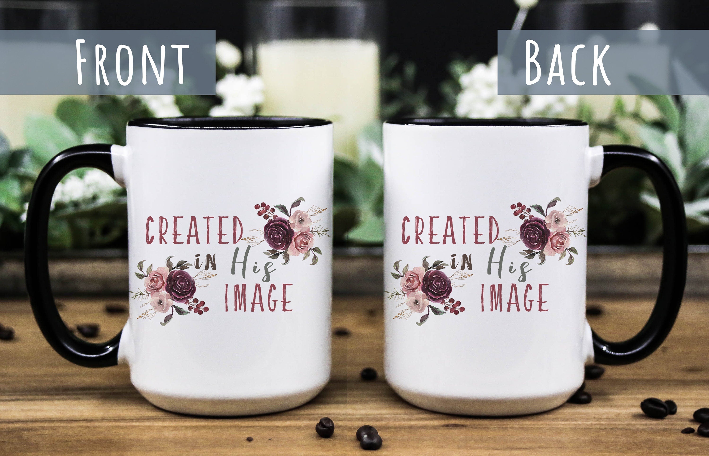 Floral Coffee Mug: "Created in His Image" Bible Verse, Christian Gift