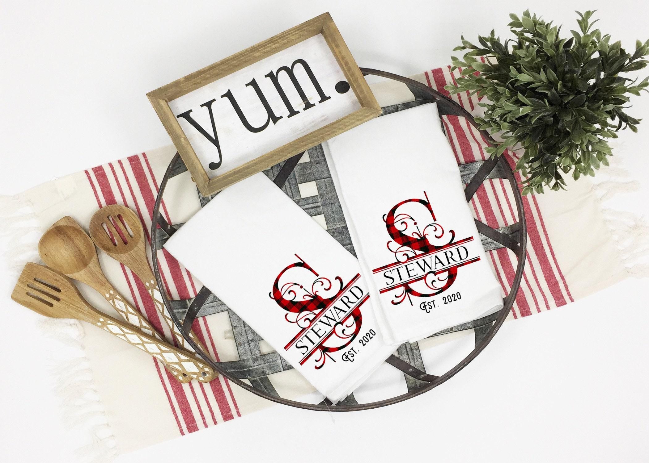 Personalized Christmas Tea Towel,  Buffalo Plaid Kitchen Towel, Monogram Custom Tea Towel, Last Name Tea Towel, Kitchen Dish Towels