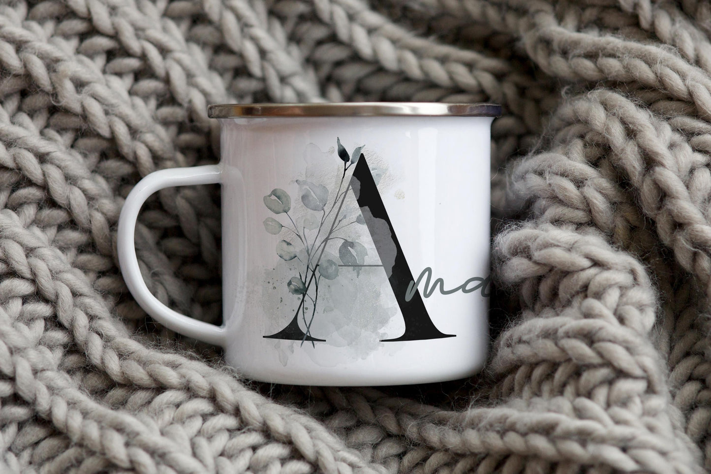 12oz/18oz Personalized Enamel Camp Cup with Green Hues, Monogram Name Mug, Outdoor Adventure Gear for her in silver & black rim