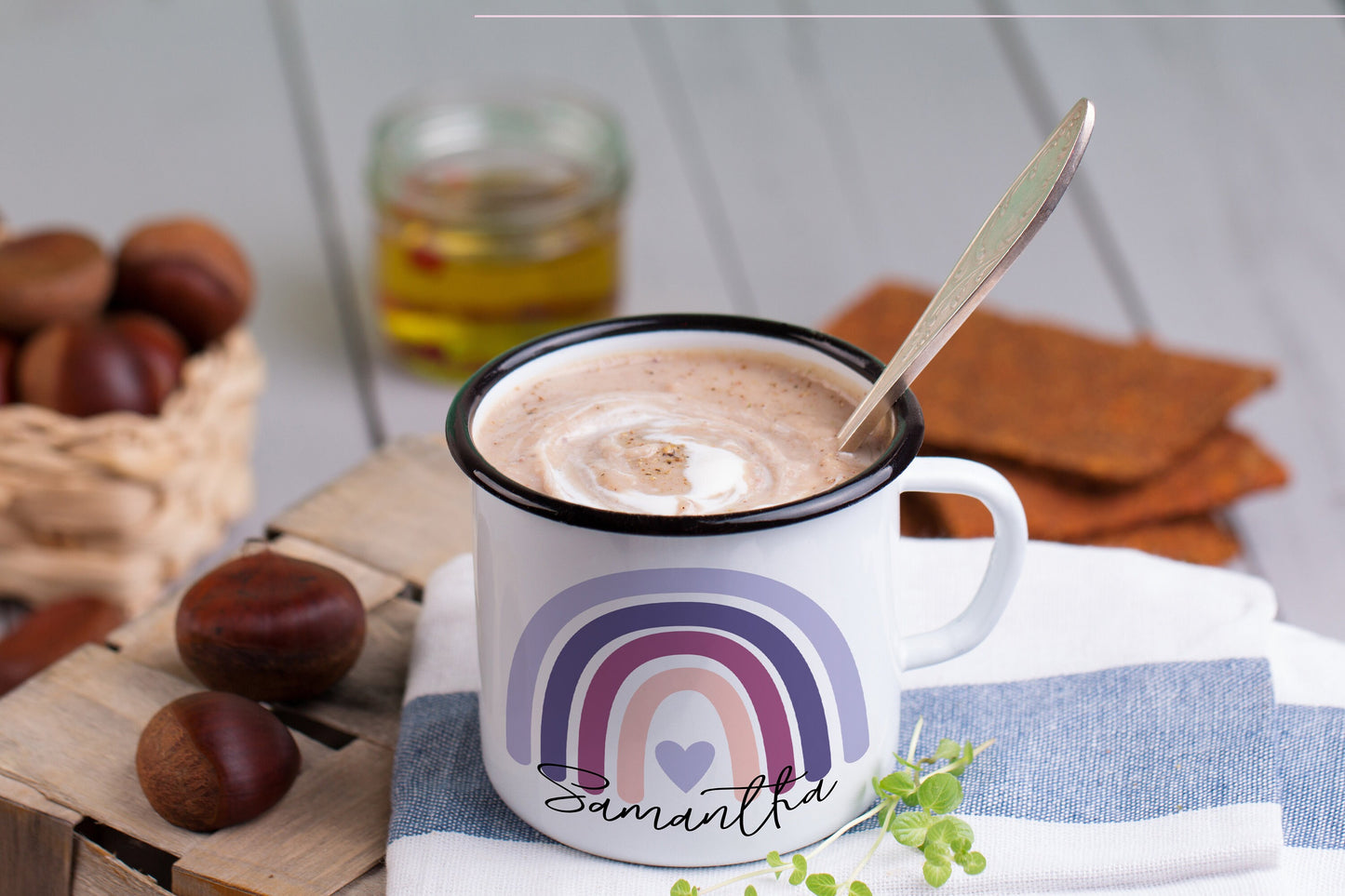 12oz/18oz Personalized Rainbow Camp mug, Custom Purple Enamel Mug, Children's Name Mug, Custom Kids Mug, Kid's Party favor gift ideas