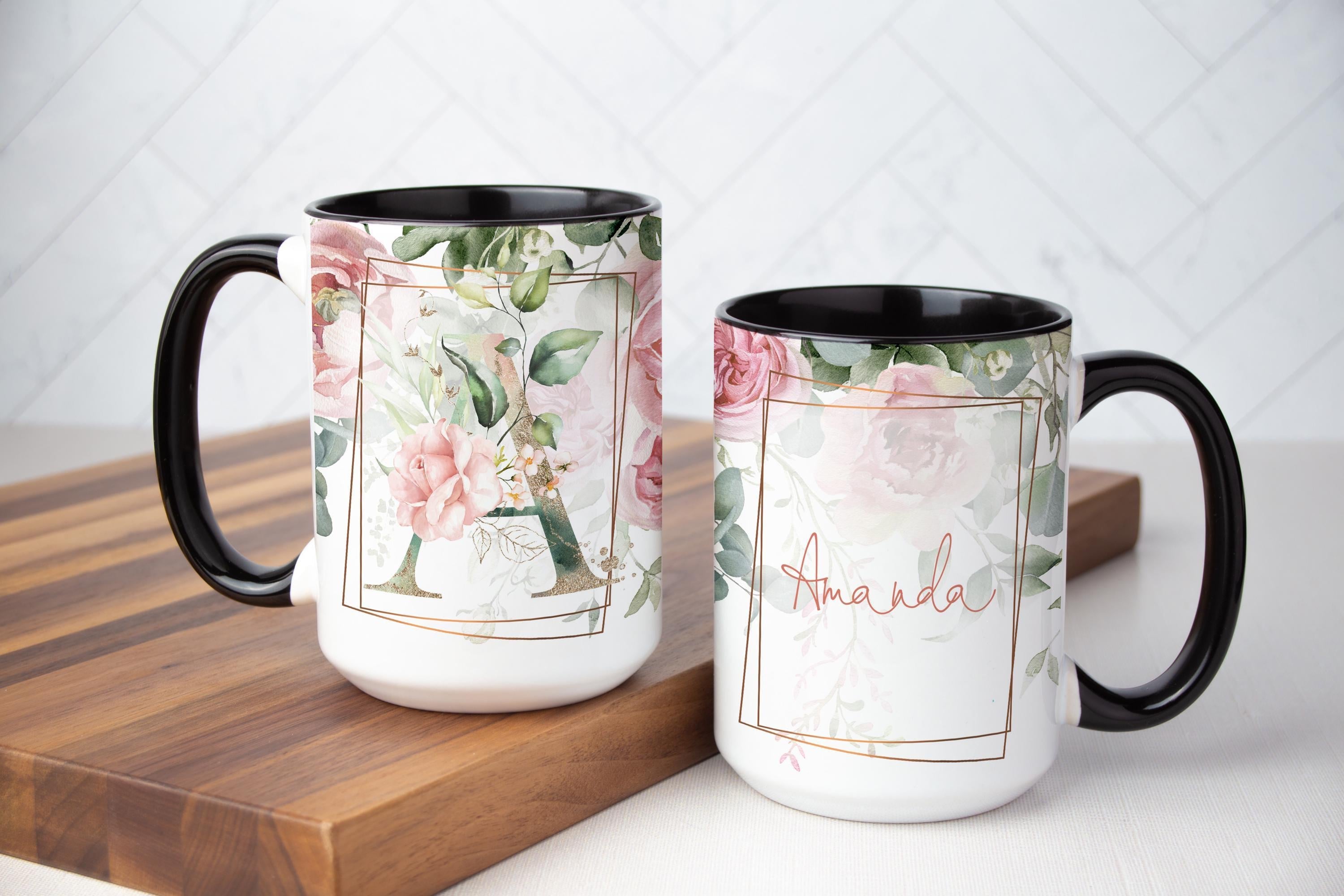 Floral Monogram Mug: Personalized Pink Rose Ceramic Coffee Mug