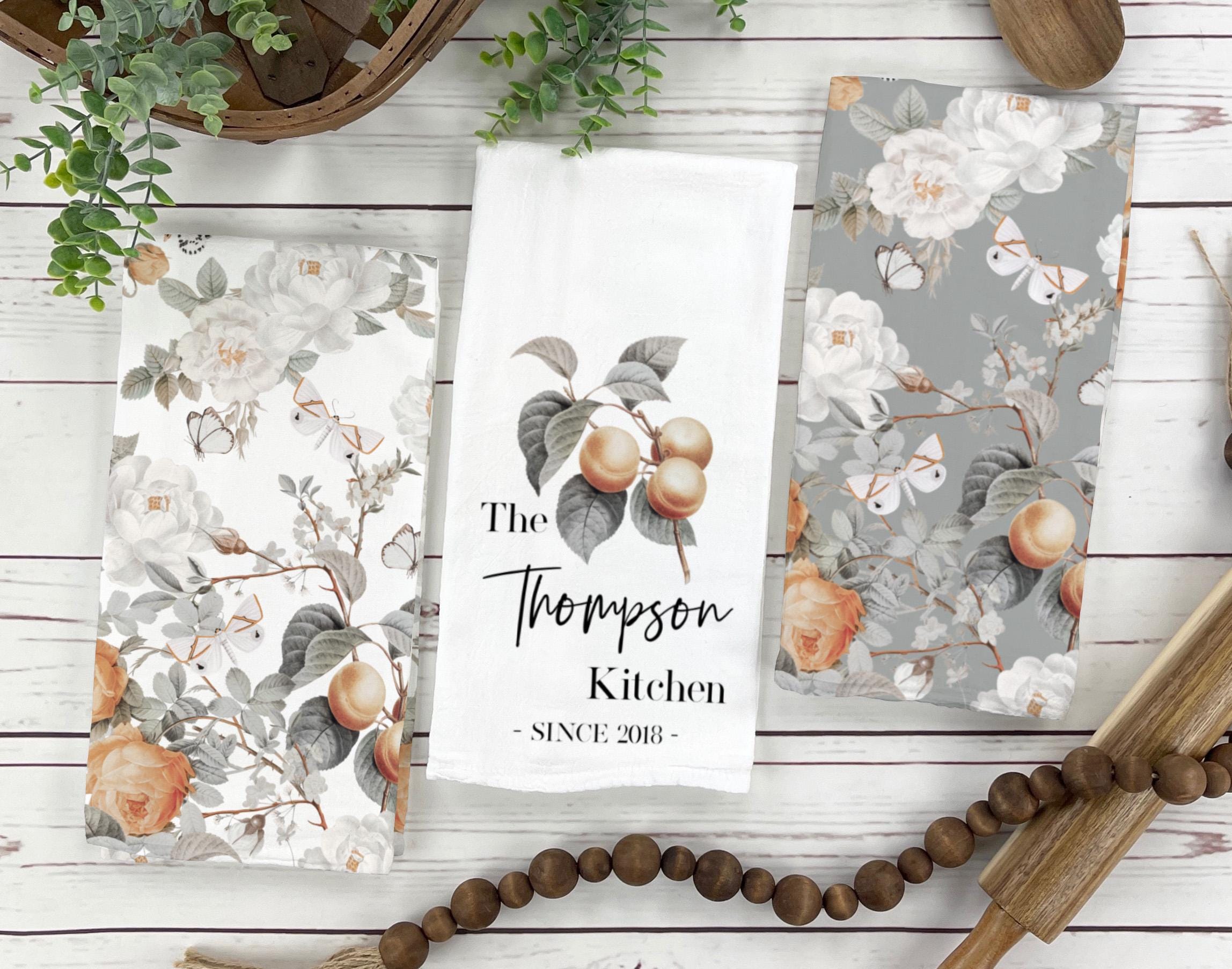 Personalized Peach Floral Tea Towel Set: Botanical Kitchen Decor