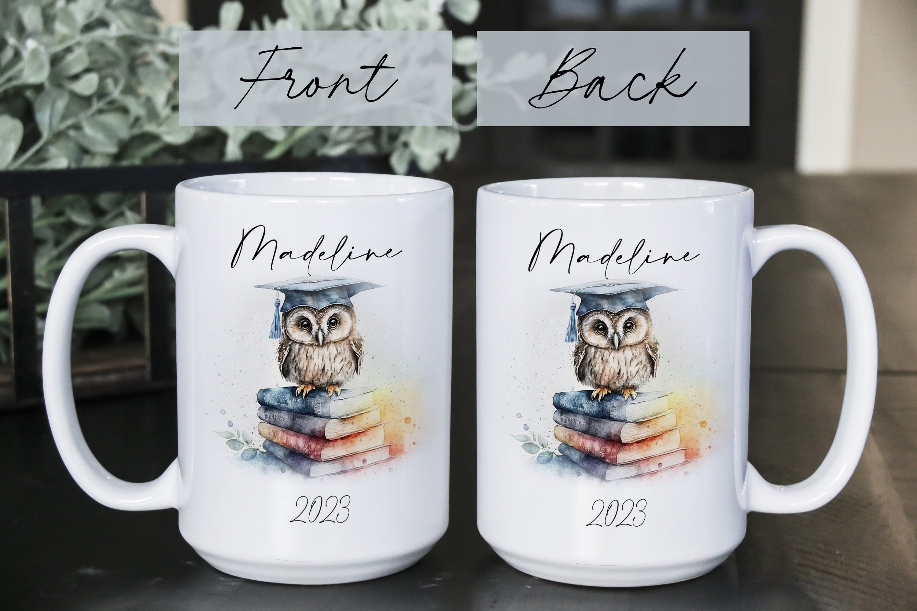 Personalized Graduation Coffee Mug: Watercolor Owl on Books