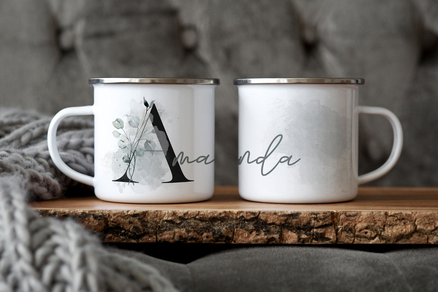 12oz/18oz Personalized Enamel Camp Cup with Green Hues, Monogram Name Mug, Outdoor Adventure Gear for her in silver & black rim