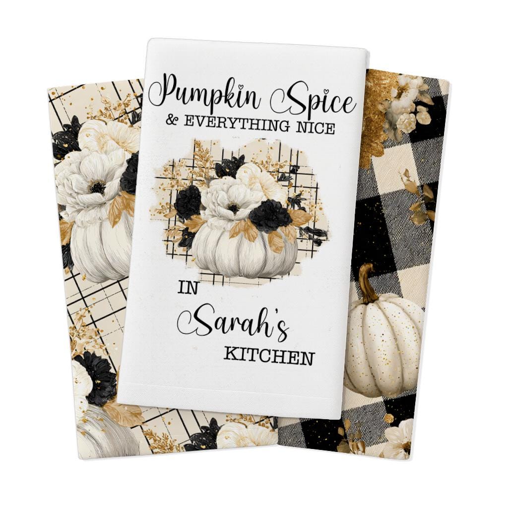 Pumpkin Spice Tea Towel Set – Personalized Fall Kitchen Towels with Custom Name, Rustic Farmhouse Pumpkin Decor, Autumn Hostess Gift