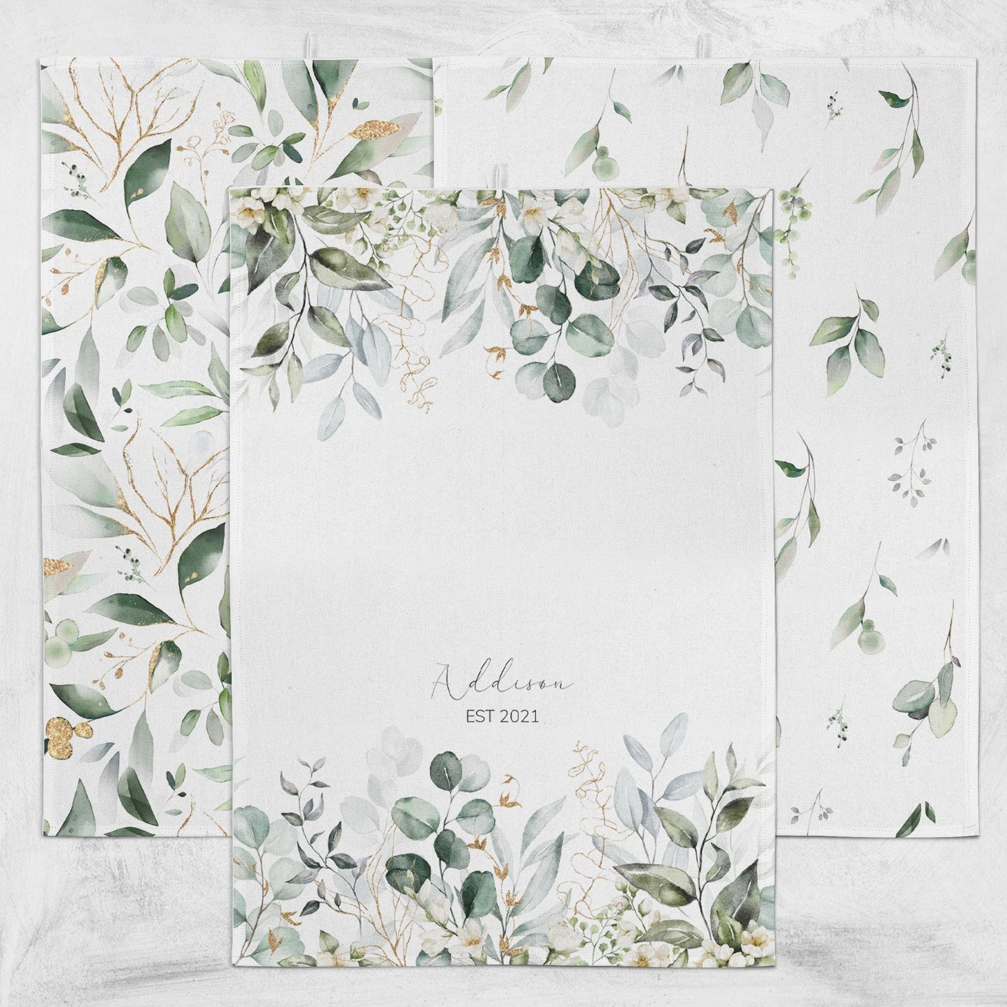 Personalized Botanical Tea Towel Set: Custom Name & Year, Greenery Kitchen Decor