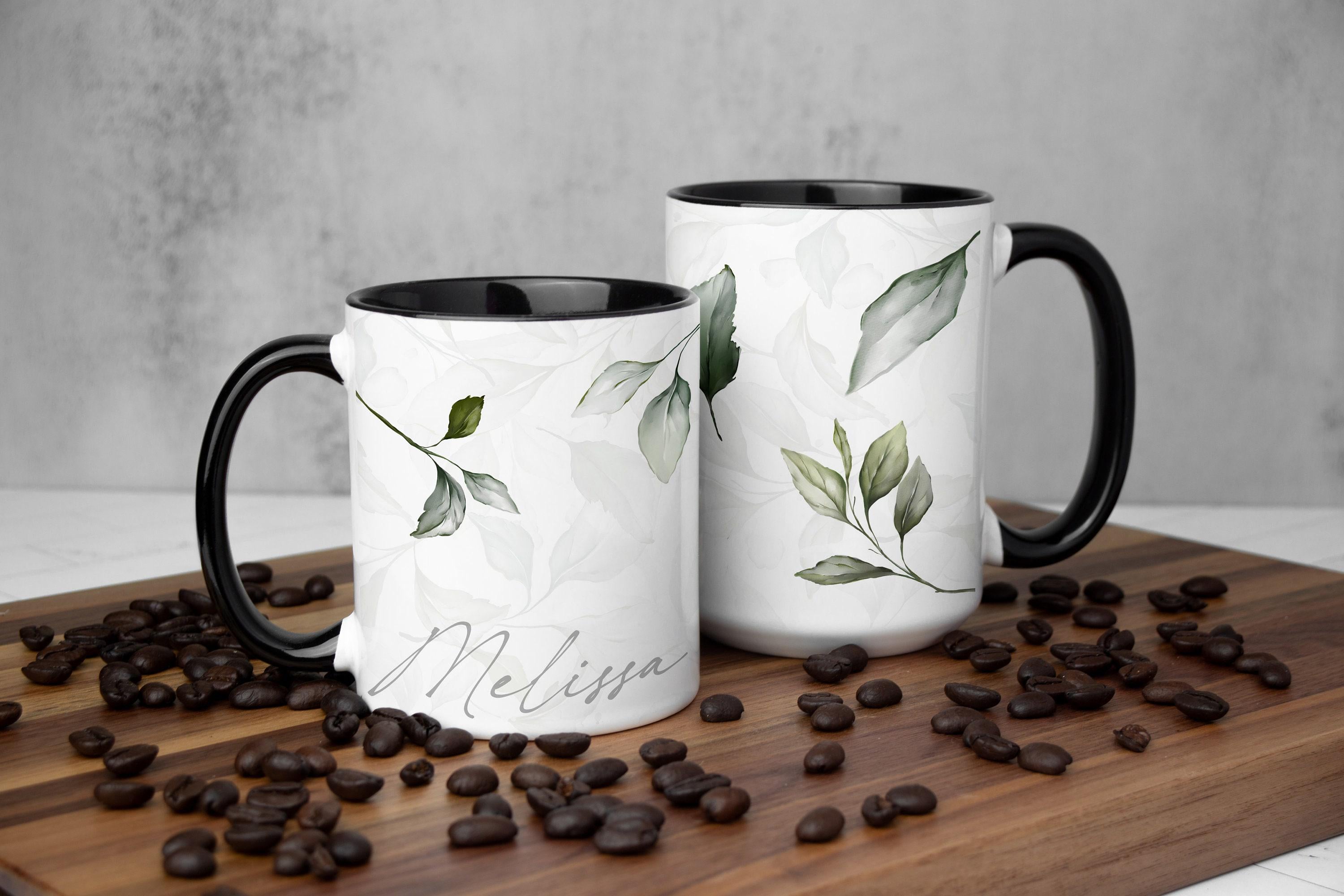 Personalized Green Leaf Coffee Mug: Silver Design, Multiple Sizes & Colors Available