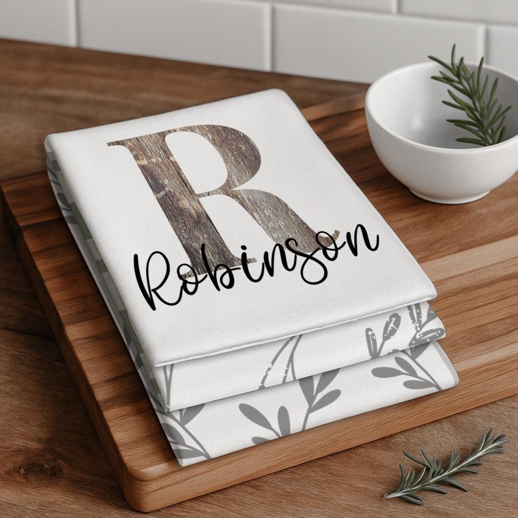 Personalized Farmhouse Tea Towel Set: Custom Monogram Kitchen Towels with Complementary Patterns, Rustic Kitchen Decor Gift