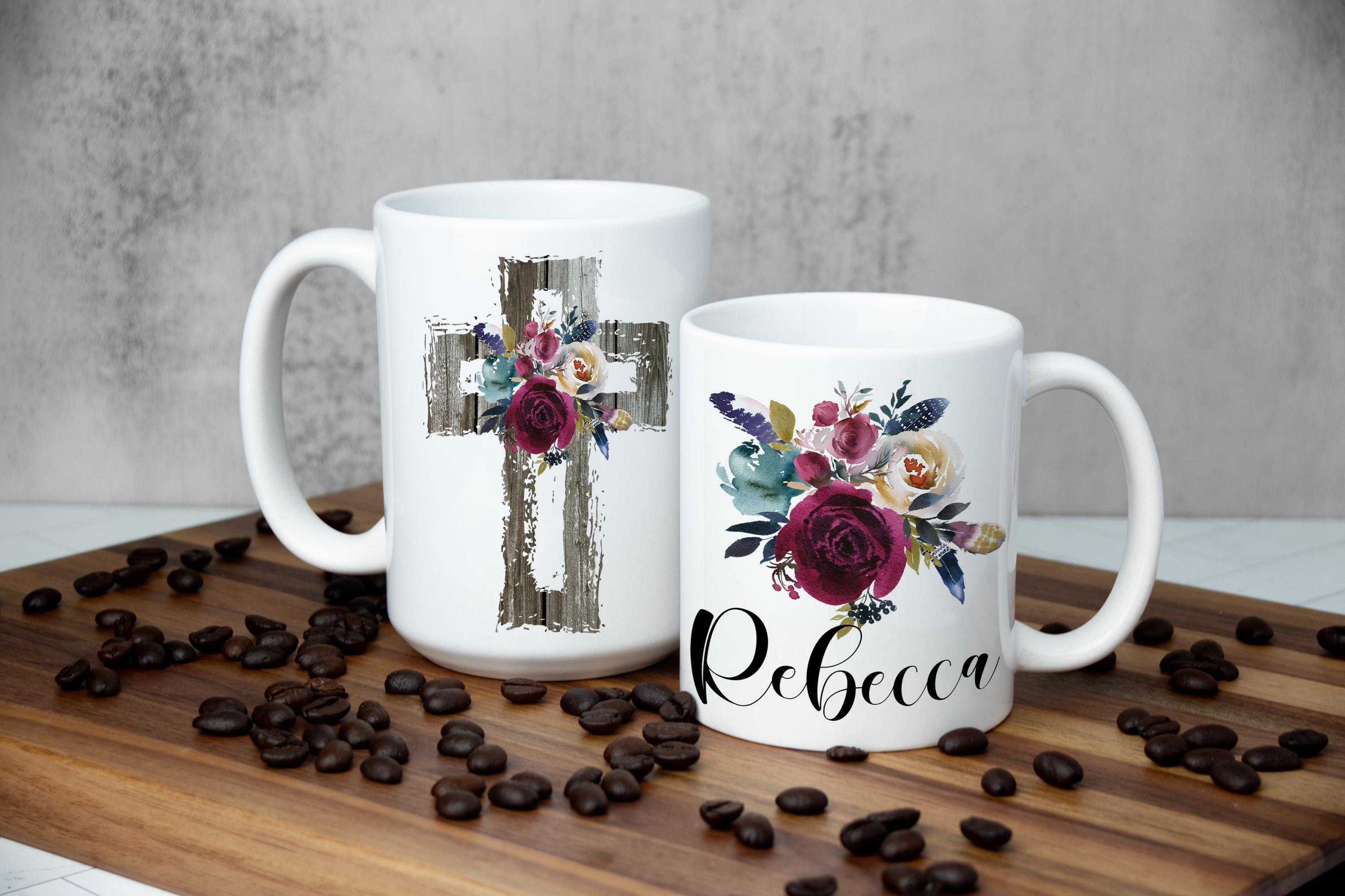 Personalized Christian Mug, Giftbox included, Floral Cross cup, Religious mug for women, Faith Cup, Custom gift for women, Floral Name Mug