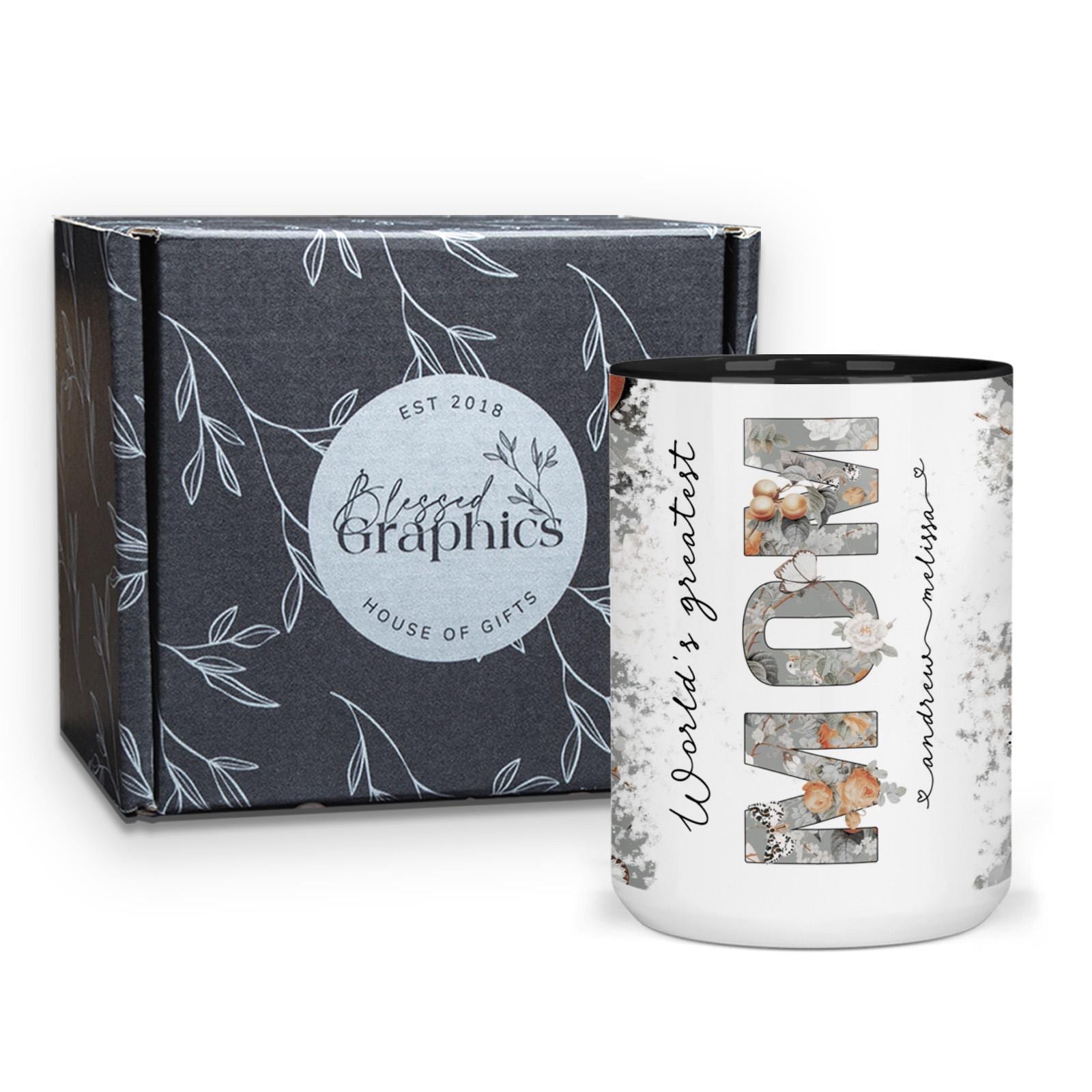 World’s Greatest Mom Mug with Gift Box – Personalized Coffee Mug with Kids’ Names, Floral Mother’s Day Gift, Birthday Gift for Mom