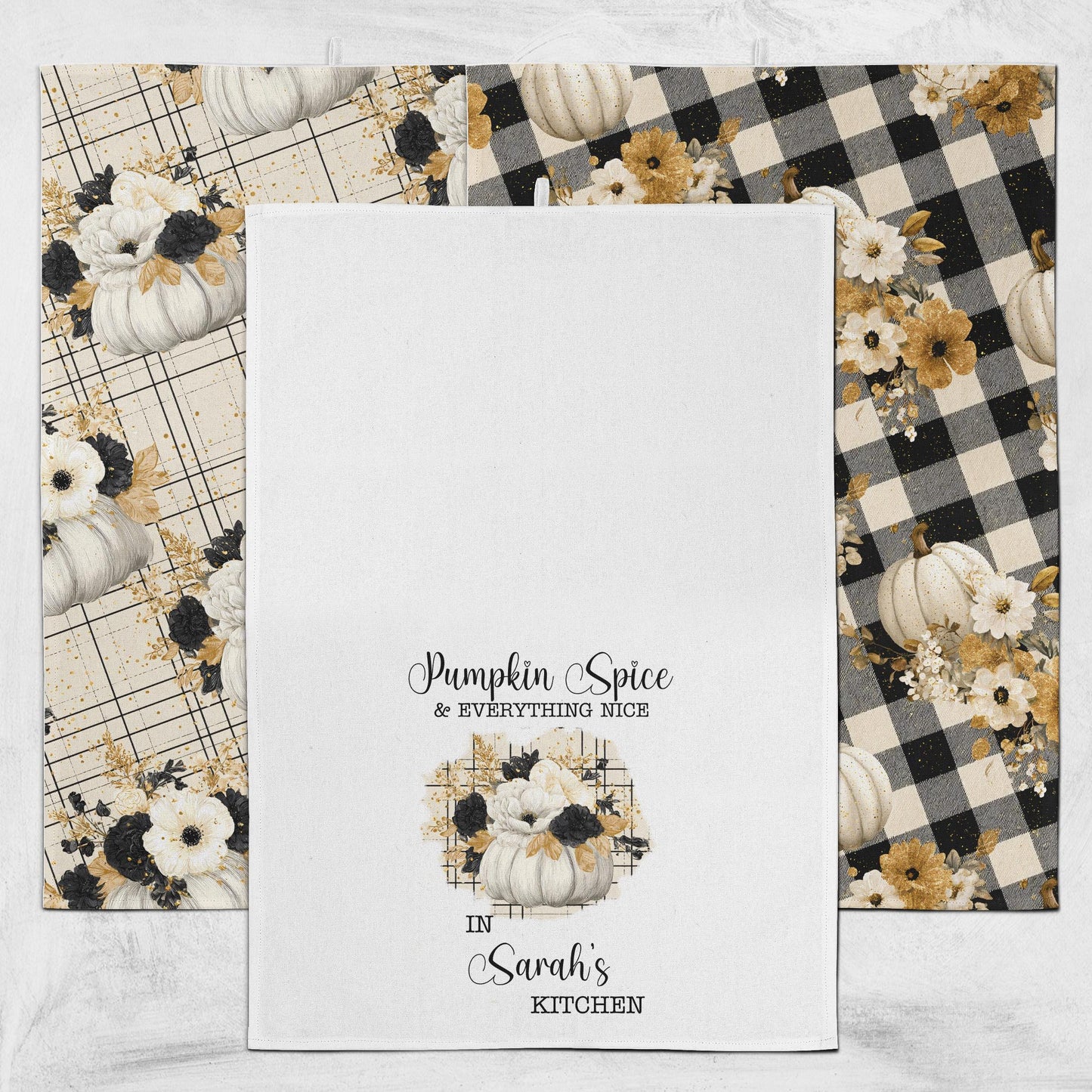 Pumpkin Spice Tea Towel Set – Personalized Fall Kitchen Towels with Custom Name, Rustic Farmhouse Pumpkin Decor, Autumn Hostess Gift