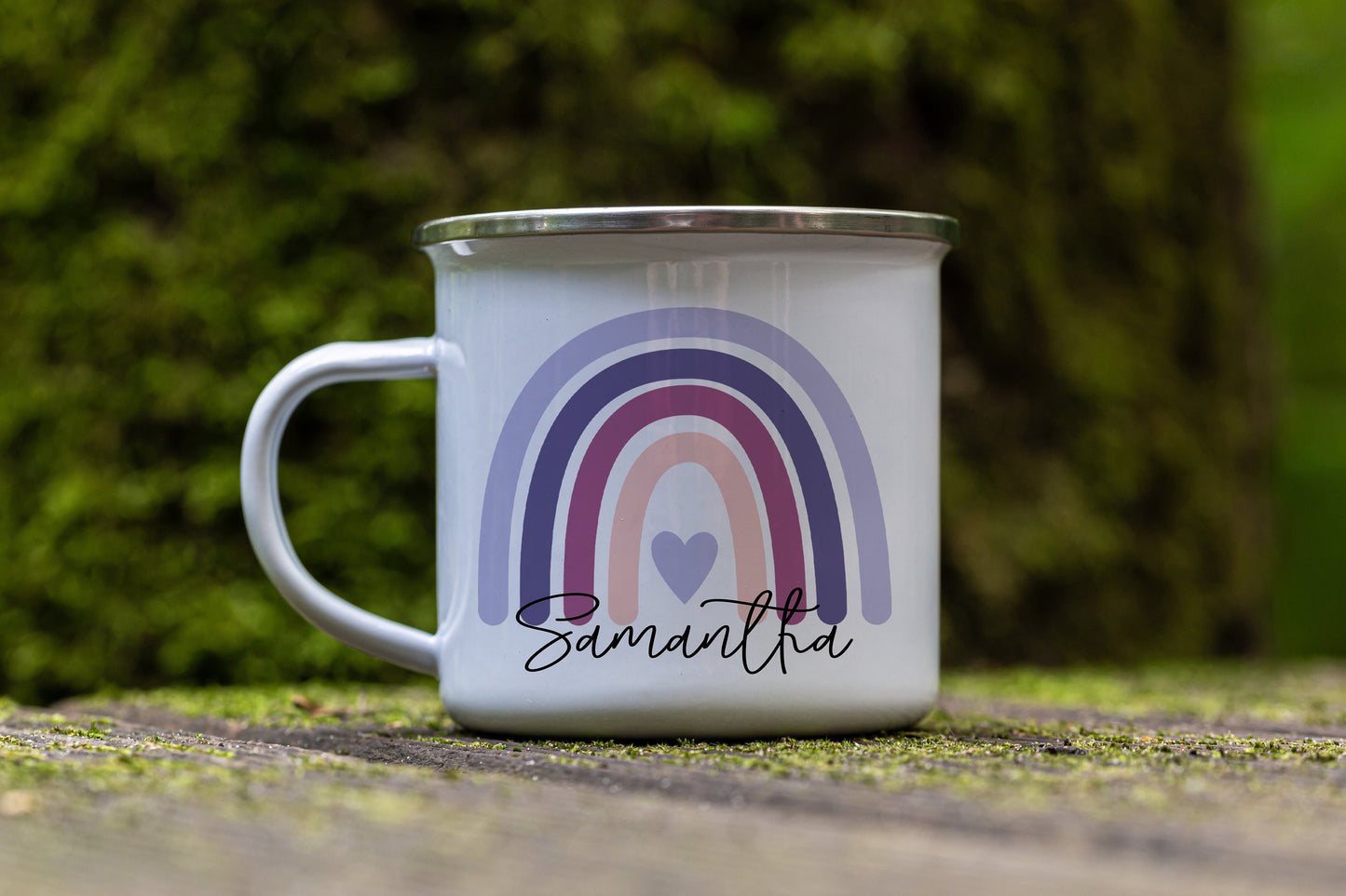 12oz/18oz Personalized Rainbow Camp mug, Custom Purple Enamel Mug, Children's Name Mug, Custom Kids Mug, Kid's Party favor gift ideas