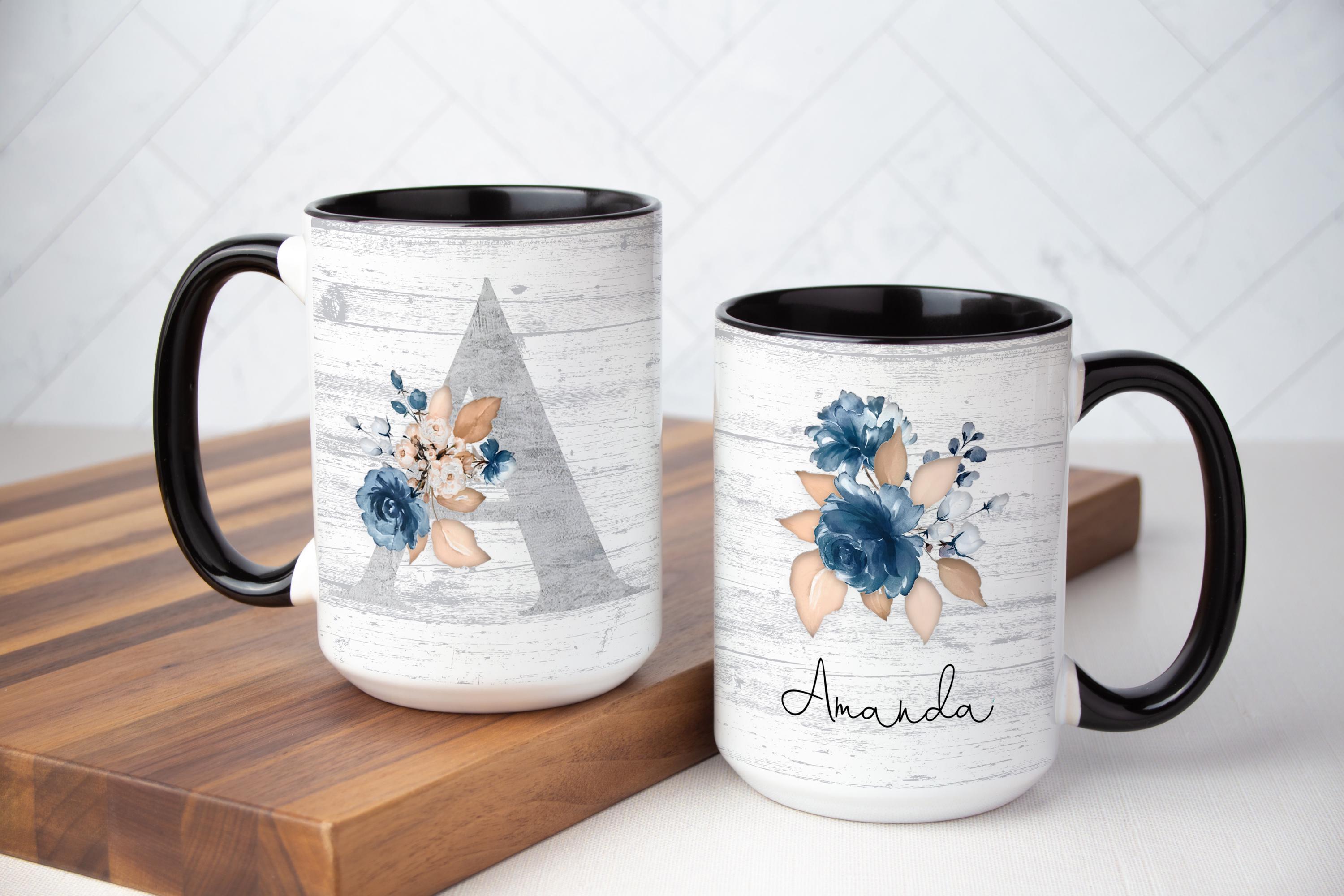 Personalized Floral Mug: Rustic Blue Flowers, Monogrammed Gift