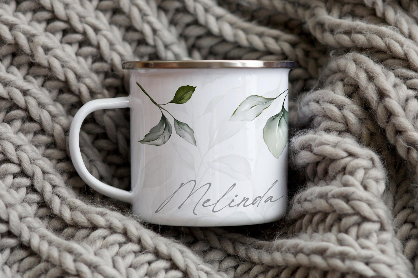 12oz/18oz Rustic Personalized Enamel Camp Cup with Leaf Motif, Nature Lover Gift, Outdoor Adventure Gear for her/him in silver & black rim