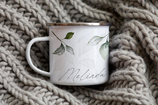 12oz/18oz Rustic Personalized Enamel Camp Cup with Leaf Motif, Nature Lover Gift, Outdoor Adventure Gear for her/him in silver & black rim