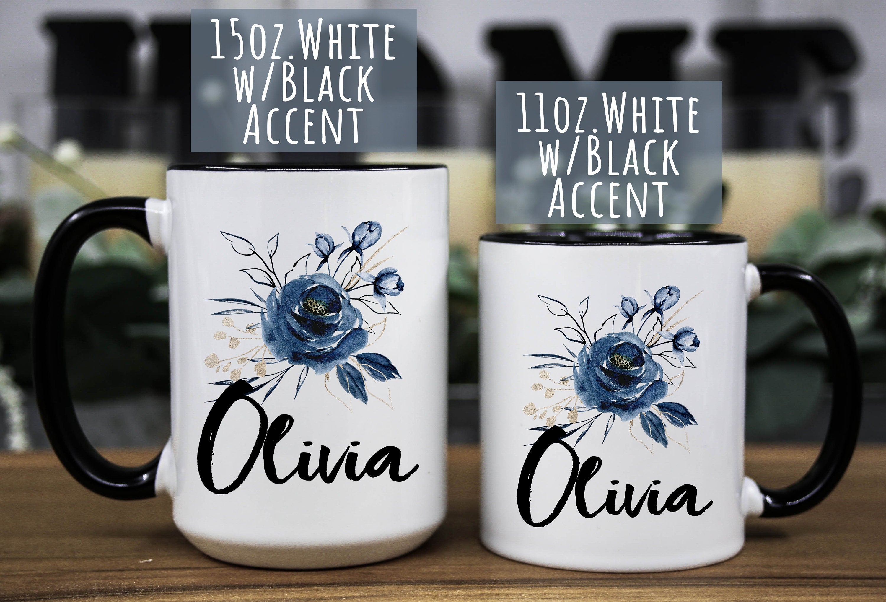 Personalized Floral Coffee Mug: Blue Flower Name Mug
