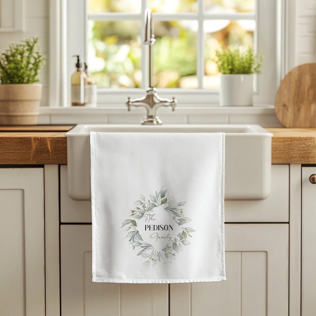 Personalized Botanical Tea Towel Set: Soft Greenery Kitchen Decor, Farmhouse style Gift