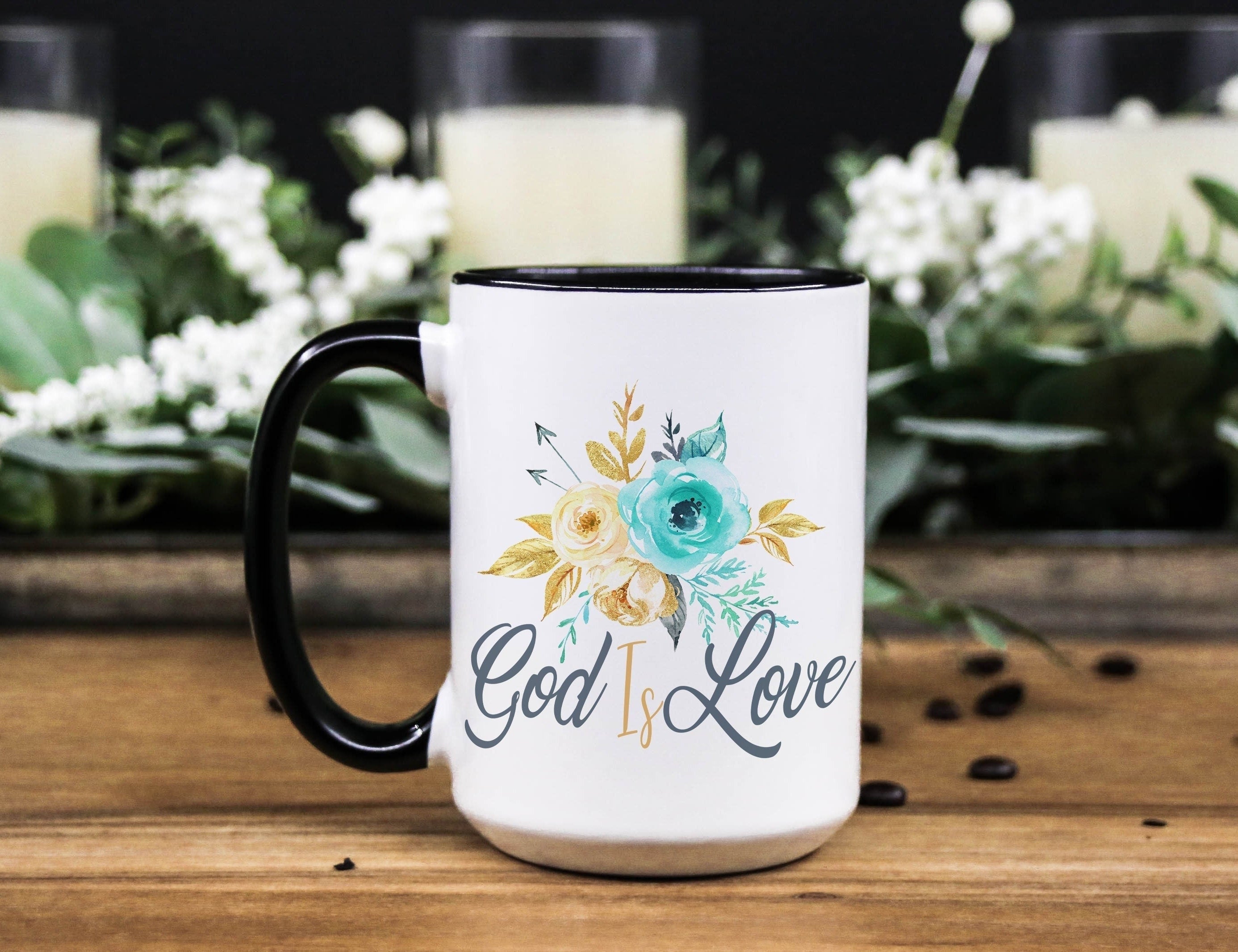God is Love Floral Coffee Mug: Inspirational Bible Quote Gift, Multiple Sizes & Colors Available