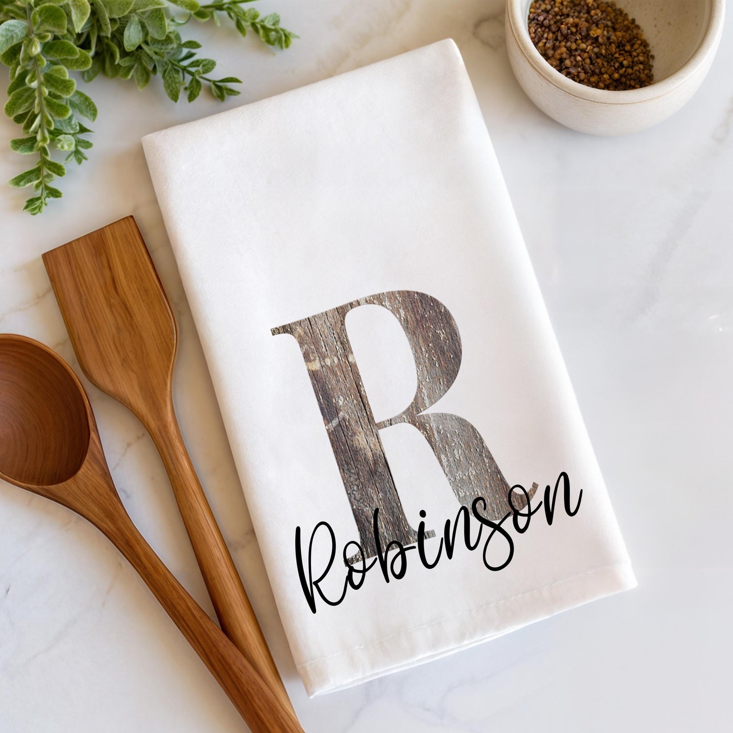 Personalized Farmhouse Tea Towel Set: Custom Monogram Kitchen Towels with Complementary Patterns, Rustic Kitchen Decor Gift