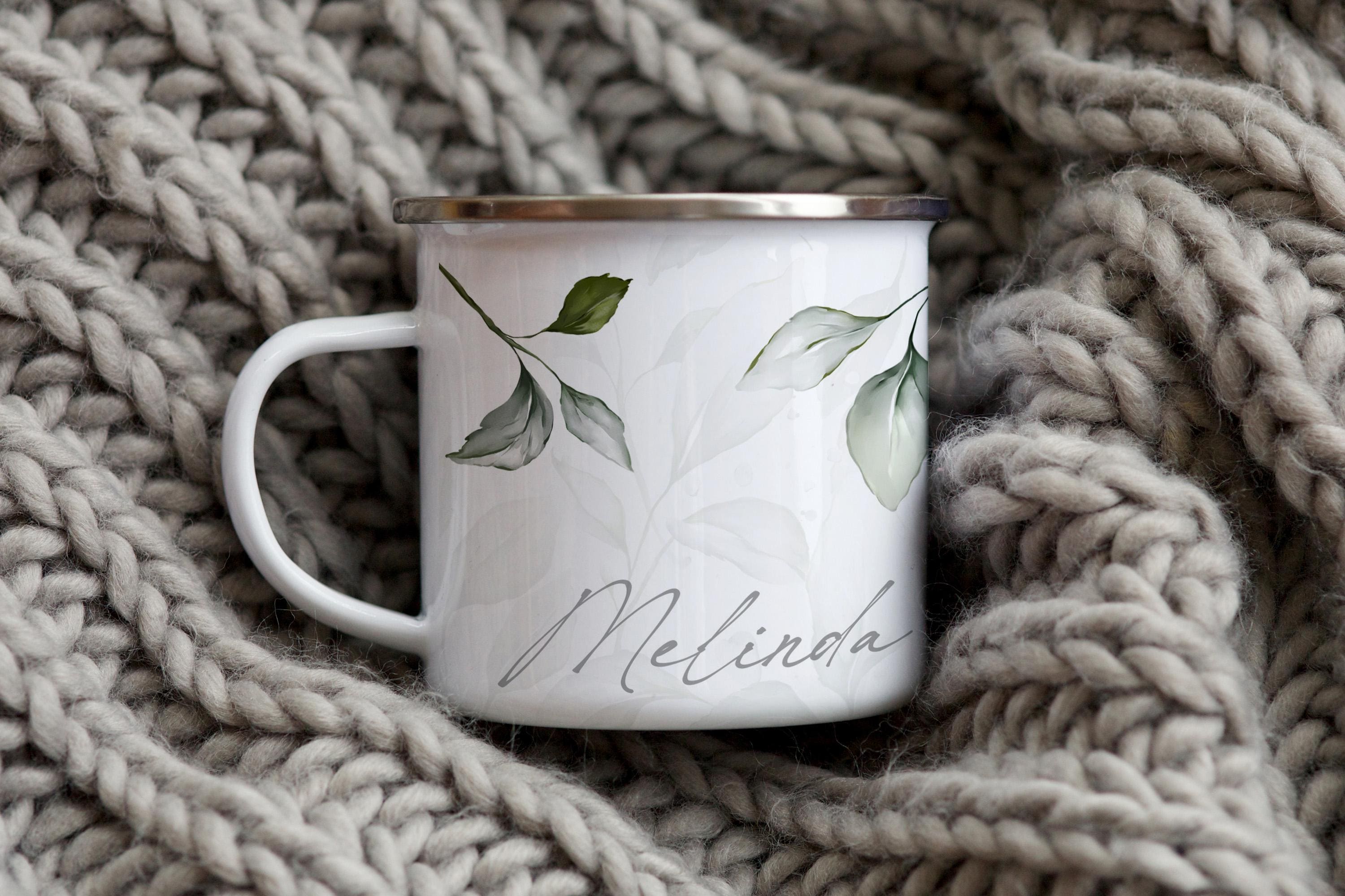 Personalized Enamel Camp Mug: Rustic Leaf Design, Nature Lover Gift
