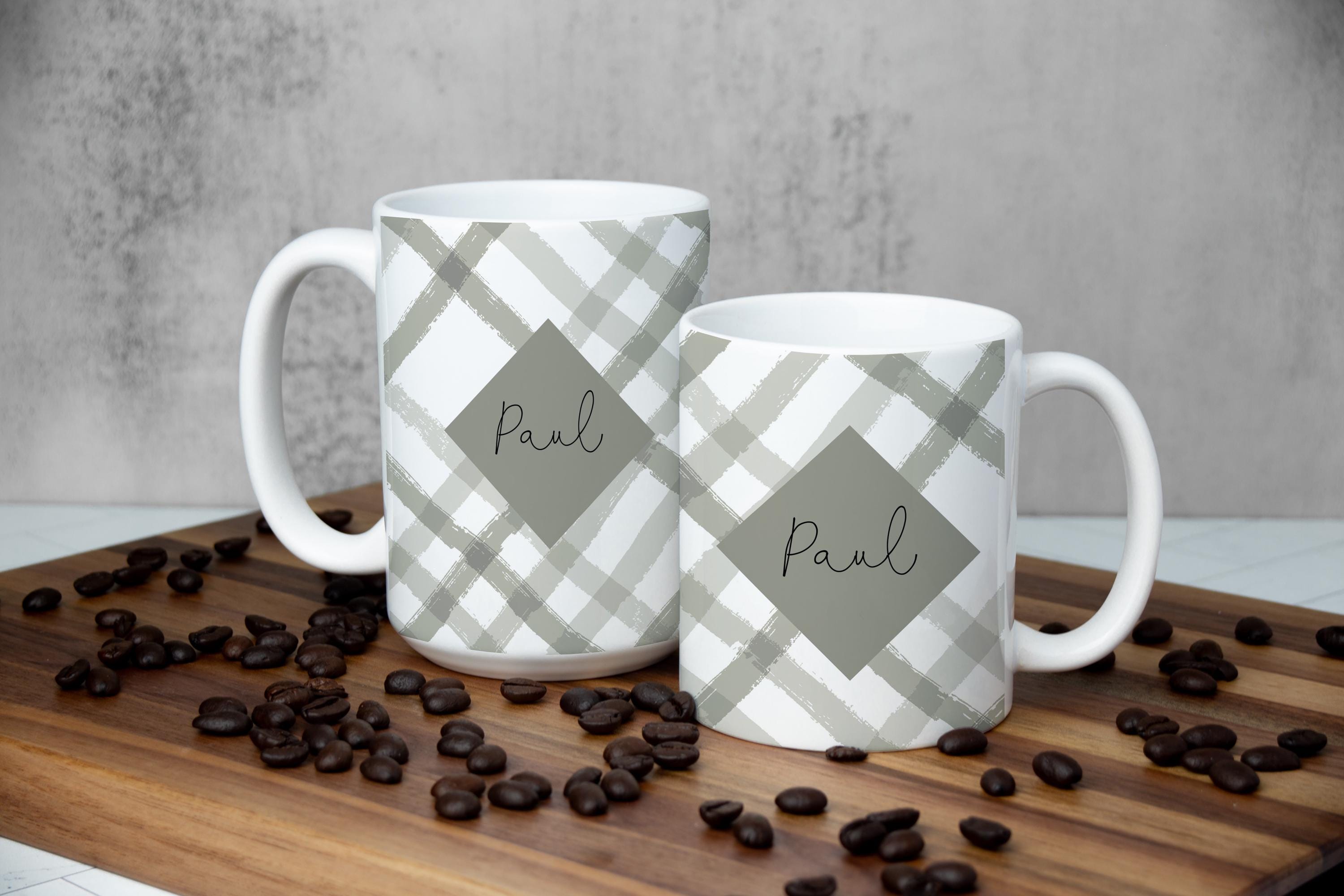 Personalized Plaid Mug: Masculine Coffee Cup, Multiple Sizes & Colors Available (Giftbox Included)